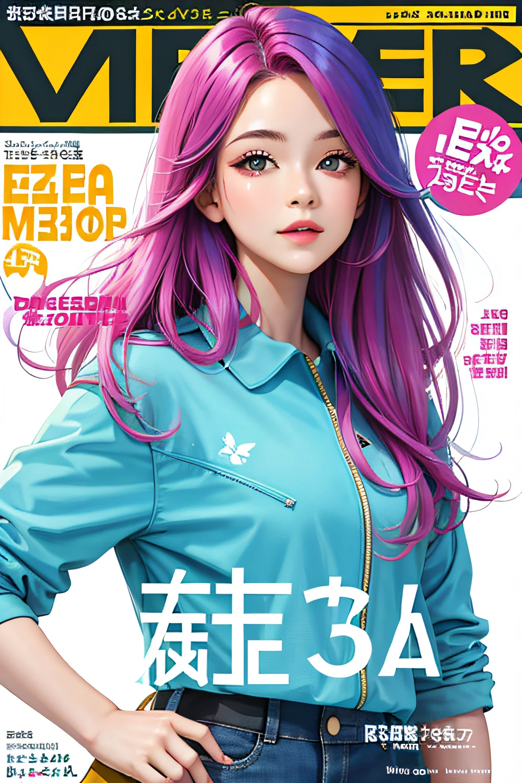 masterpiece, best quality, spring outfit, colorful hair, outdoor, magazine cover ,upper body,