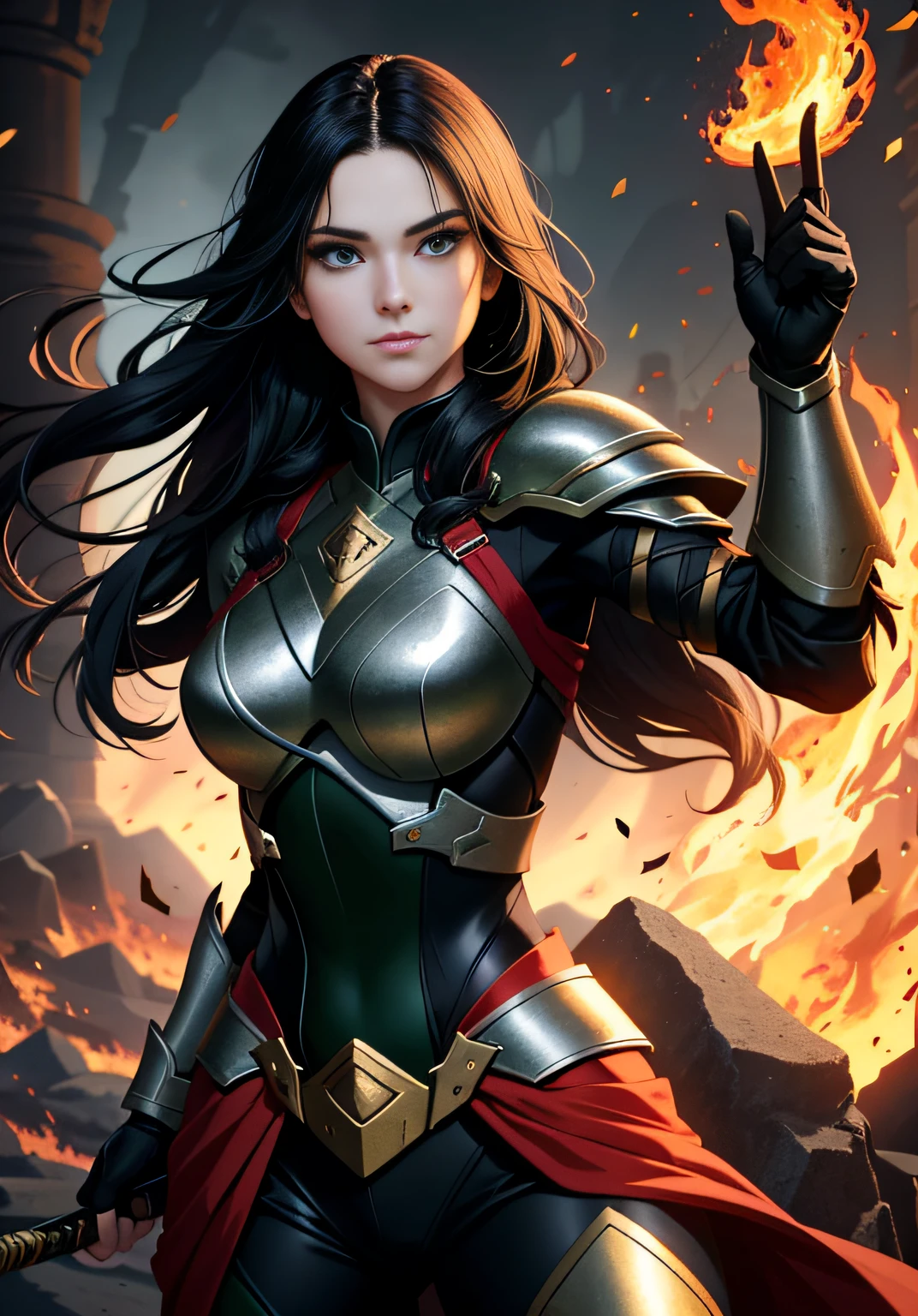 1 girl, long black hair, hair in eyes, beautiful green eyes, environment Scene change, pose too, female fire style warrior, black armor with red, holds a photo sword