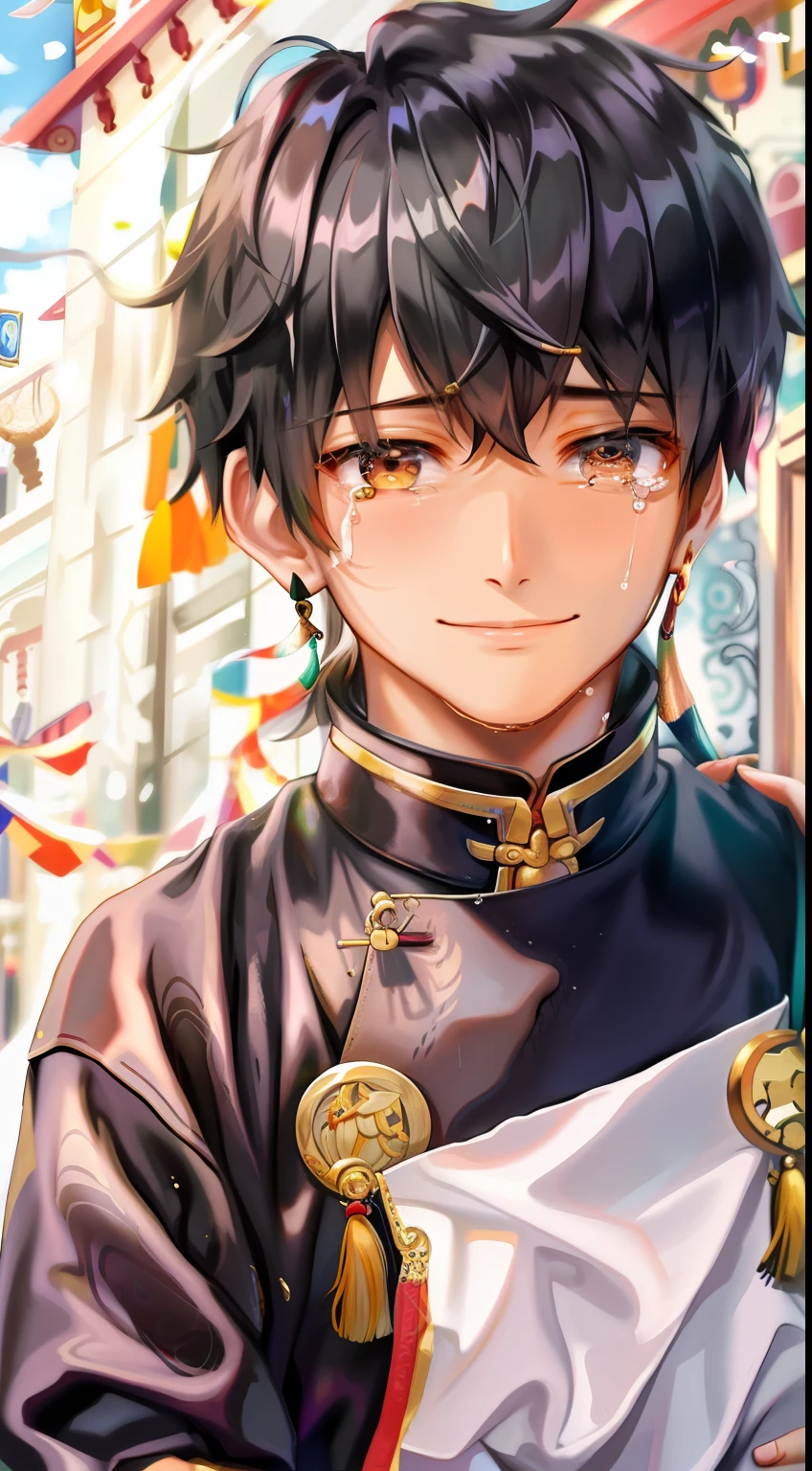 Men, earrings, Tibetan clothes, cigarettes, busts, smiles, (tears), (crying), masterpieces, superlative,