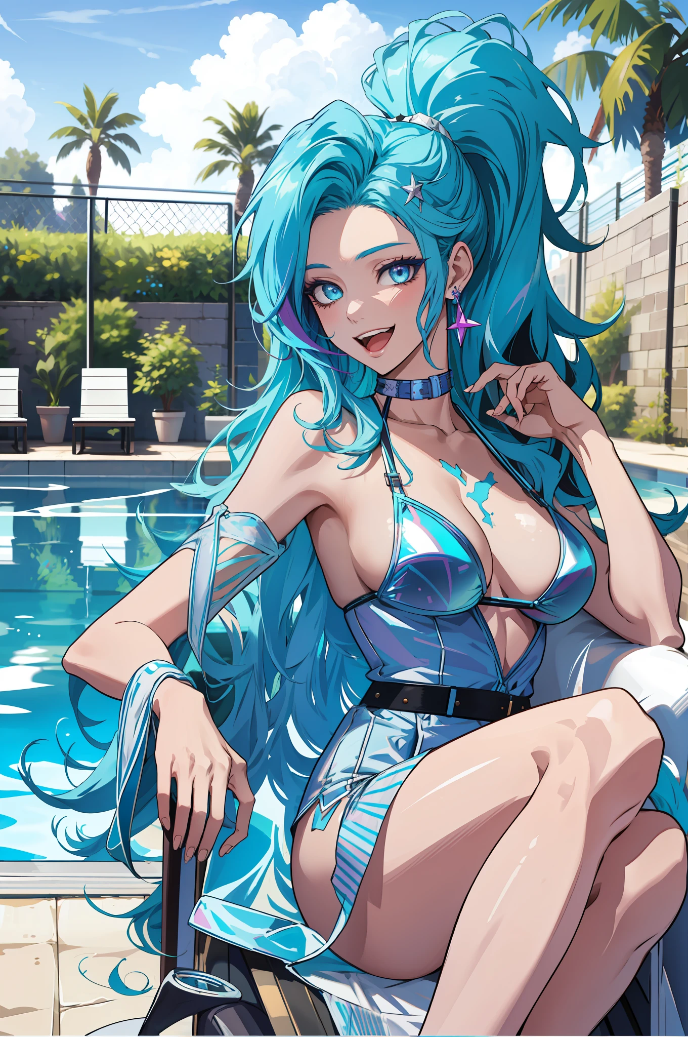 masterpiece, best quality, highres, seraphine1, 1girl, solo, blue hair, k/da \(league of legends\), very long hair, multicolored hair, ponytail, blue eyes, earrings, two-tone hair, large breasts, poolside, micro bikini, smile, open mouth, sitting,