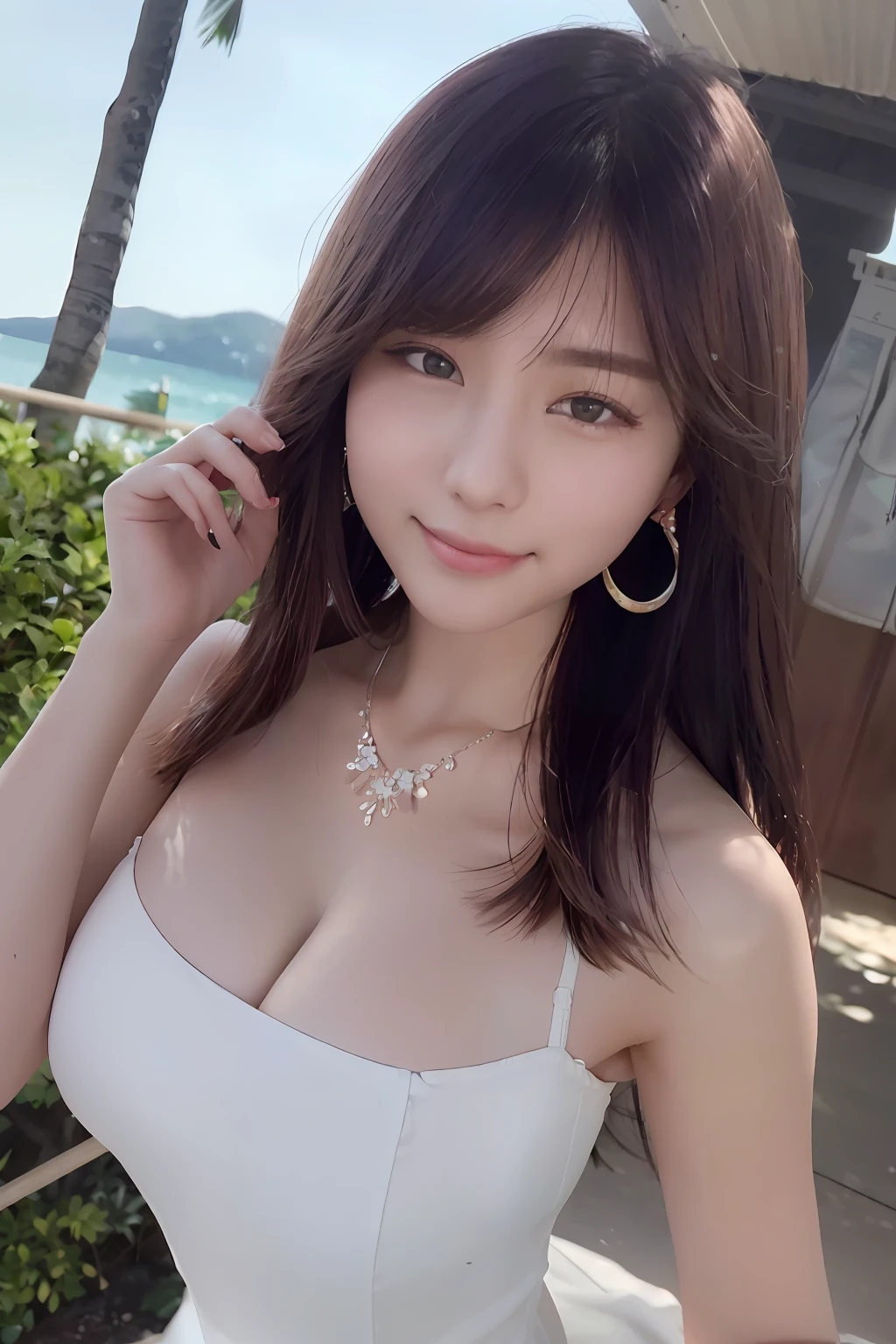 Smiling minchen, sexy, closed mouth, peach blossom eyes, (Best Quality Detail: 1.2), Realistic, 8K HD, Ultra Detailed, High Quality Texture, Complex Detail, Detailed Texture, Fine Detail, High Detail, Very Detailed CG, High Quality Shadows, Delicate Beautiful Delicate Face, (Delicate Beautiful Delicate Eyes: 1.32), Depth of Field, Ray Tracing, (A Beautiful 25 Year Old Cute Chinese Lady: 1), Long Haired Woman, Beautiful Legs, Glowing Eyes, Blush, Perfect Body Tall, Busty, Blurred Outdoor Background, White Silk Loose Bra, White White Silk Three-Point Swimsuit, Short Hair, Sunlight, Lying on the Ground, Earrings, Necklace, Model, Looking Back at the Audience: 1.6, Dynamic Pose, Earrings , necklace, model, looking at the audience, from the side, dynamic pose, front, full body, seaside, (waist length hair: 1.32), blonde, (Yua Mikami), yacht, vast sea, seagull, beautiful sky, (baby face: 1.4)