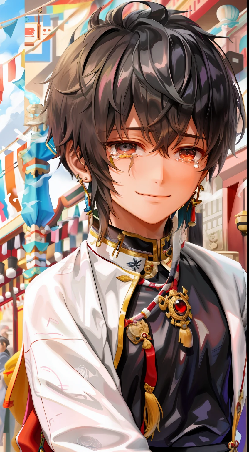 Men, earrings, Tibetan clothes, cigarettes, busts, smiles, (tears), (crying), masterpieces, superlative,