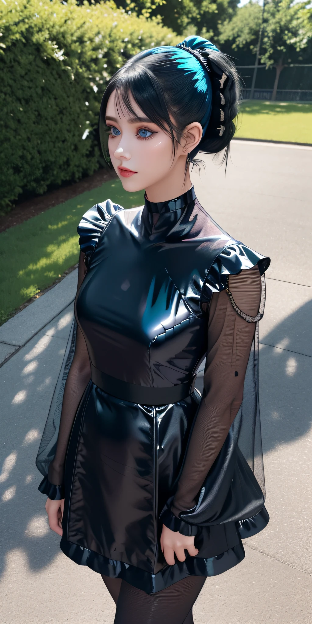 full body photo of lady in a loose black (iridescent foil:1.25) lace dress, solo, beautiful detailed eyes, beautiful face, , (platinum blue high ponytail:1.37), ((puffy eyes)), looking at away, walking, (outdoors, park), smooth, detailed hairstyle