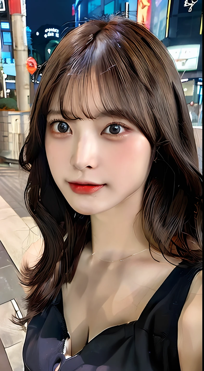 ((Realistic Lighting, Top Quality, 8K, Masterpiece: 1.3)), Clear Focus: 1.2, 1 Girl, Perfect Body Beauty: 1.4, Slim Abs: 1.1, ((Dark Brown Hair, Big: 1.3)), (Accent Dress: 1.4), (Outdoor, Night: 1.1), Street, Ultra Slender Face, Fine Eyes, Double Eyelids, Exposed Cleavage, Cyberpunk City