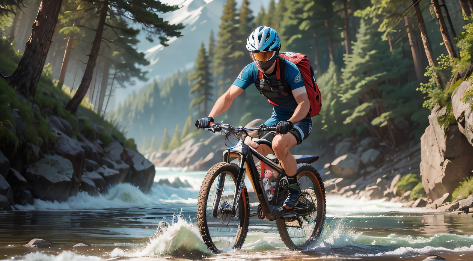 (high-quality, detailed image of) a bald starfish (wearing a helmet) (riding a mountain bike) (against a vibrant, river backdrop),like logo