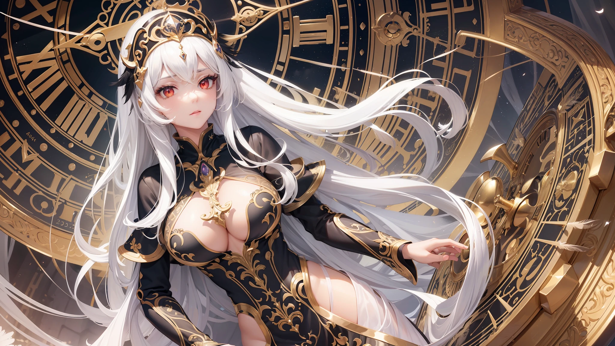 (Mystery:1.3),(Time),(extremely delicate and beautiful),super delicate,huge-filesize,(((masterpiece))),((illustration)),(extremely detailed CG unity 8k wallpaper),(ultra-detailed),best quality,the most beautiful,complex details,detailed lighting,looking at viewer,(arms behind back),(solo),(an extremely delicate and beautiful Goddess:1.3),beautiful detailed face,(serious),beautiful detailed red eyes,(beautiful detailed white hair:0.8|black hair:0.2 long hair),(medium breast),beautiful detailed legs,[beautiful detailed black bodysuit:(beautiful detailed golden dress):0.45],(beautiful detailed magic circle),beautiful detailed clock,(many floating white feathers),(Magic)