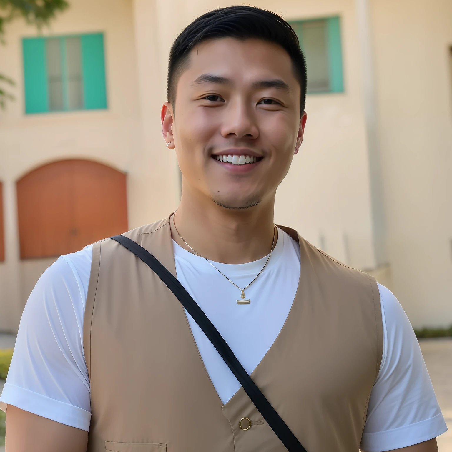 smiling man in vest and white shirt standing in front of a building, handsome chad chin, jeremy cheung, yanjun chengt, reuben wu, brian sum, emmanuel shiu, christopher cao, kevin hou, andrew thomas huang, peter chung, ross tan, steve zheng, longque chen, stanley artgem lau, ryan jia, john park