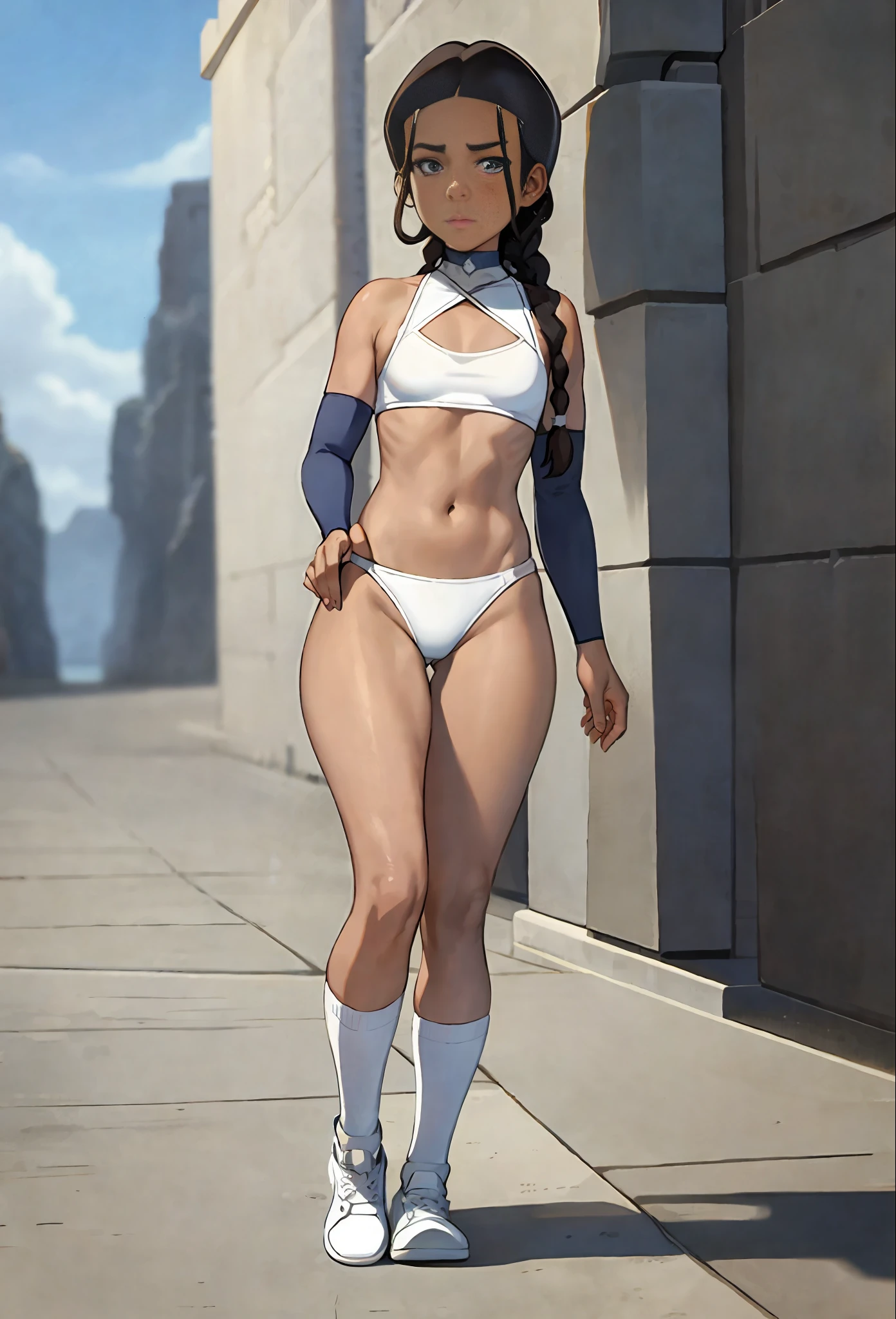 masterpiece, best quality, 1girl, katara, toned, dark skin, braid, jewelry, looking at viewer innocently, tiny white thin bikini, thong, thigh high socks, white sneakers, sunshine, no panties (blue eyes:0.6)