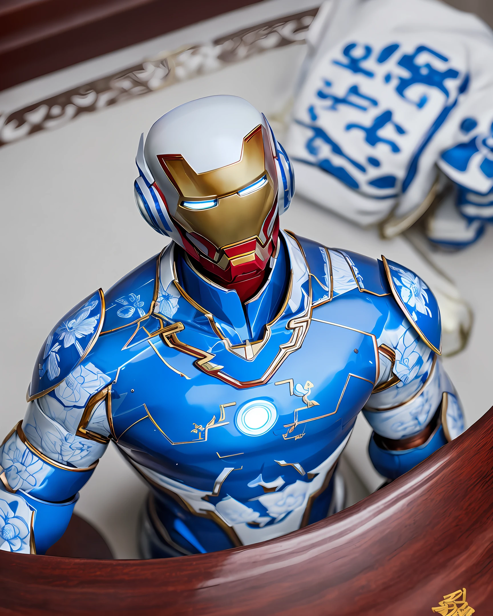 :Iron Man made of chinese porcelain blue and white flower details, in the style of blue and white glaze,Half body composition,photobashing, robotic motifs, opulent fabrics, photorealistic, meticulous design, ue5, Chinese Ming Dynasty Palace Architecture Background, portrait photography #