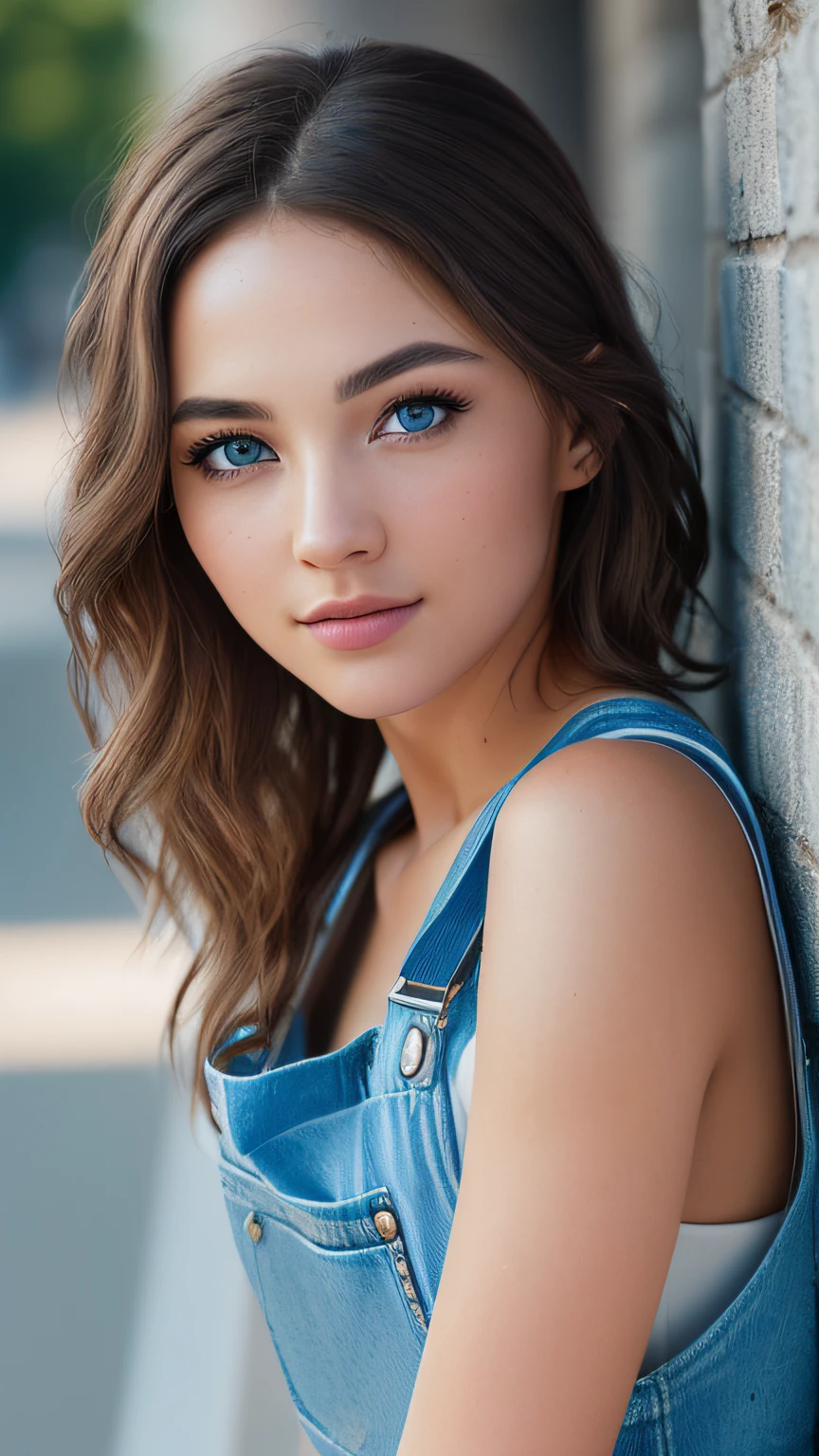 (RAW, analog, Nikon Z 14mm ultra wide angle lens, award-winning glamour photography, ((highest quality)), ((masterpiece)), ((realistic)), skin pores, subsurface scattering, synchrotron rays, high resolution, detailed facial features, high detail, sharp focus, smooth, aesthetic, highly detailed, (highly detailed eyes, highly detailed iris), highly detailed hair, highly detailed skin, highly detailed clothing, Octane Rendering, Photorealistic, Realistic, Post-Processing, Maximum Detail, Realistic Shadows, Roughness, Natural Skin Texture, Real Life, Ultra Realistic, Photorealism, Photography, 8K UHD, Photo, HDR, Complex and Elegant, Highly Detailed, Sharp Focus, Stunning, Beautiful, Gorgeous), (Masterpiece: 1.2, Best Quality 1:1, Ultra Detail: 1.2, Best Shadows, 8k: 1.1) (Large city: 1.3, rooftop: 1.1, lower urban structures, railings), (contrasting background, light background), (beautiful detailed face), high contrast, (perfect lighting: 1.2, beautiful color, delicate color), (cinematic light)), colorful, hyper-detail, dramatic light, intricate detail, (one girl, solo, brown hair, smile, short hair, Wavy hair: 1.1, blue eyes, dynamic angle, white overalls, arms down), depth of field