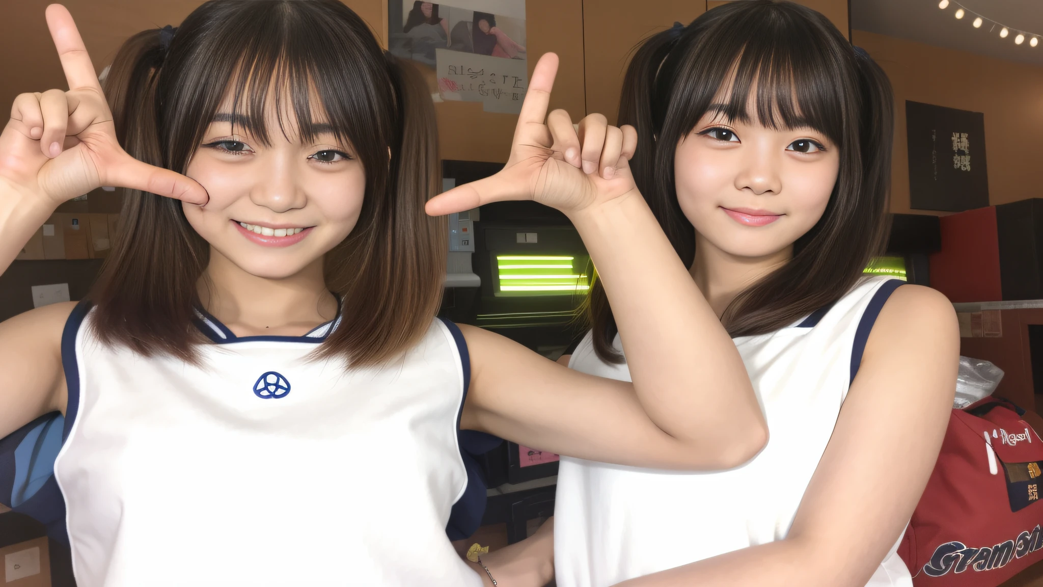 two asian twin sisters making a peace sign with their hands, look exactly the same, yoshitomo nara and yoshitomo nara, young gravure idol, two japanese schoolgirls posing, twintails white_gloves, yukii morita, young skinny gravure idol, realistic young gravure idol, young pretty gravure idol, ayaka, narumi kakinouchi