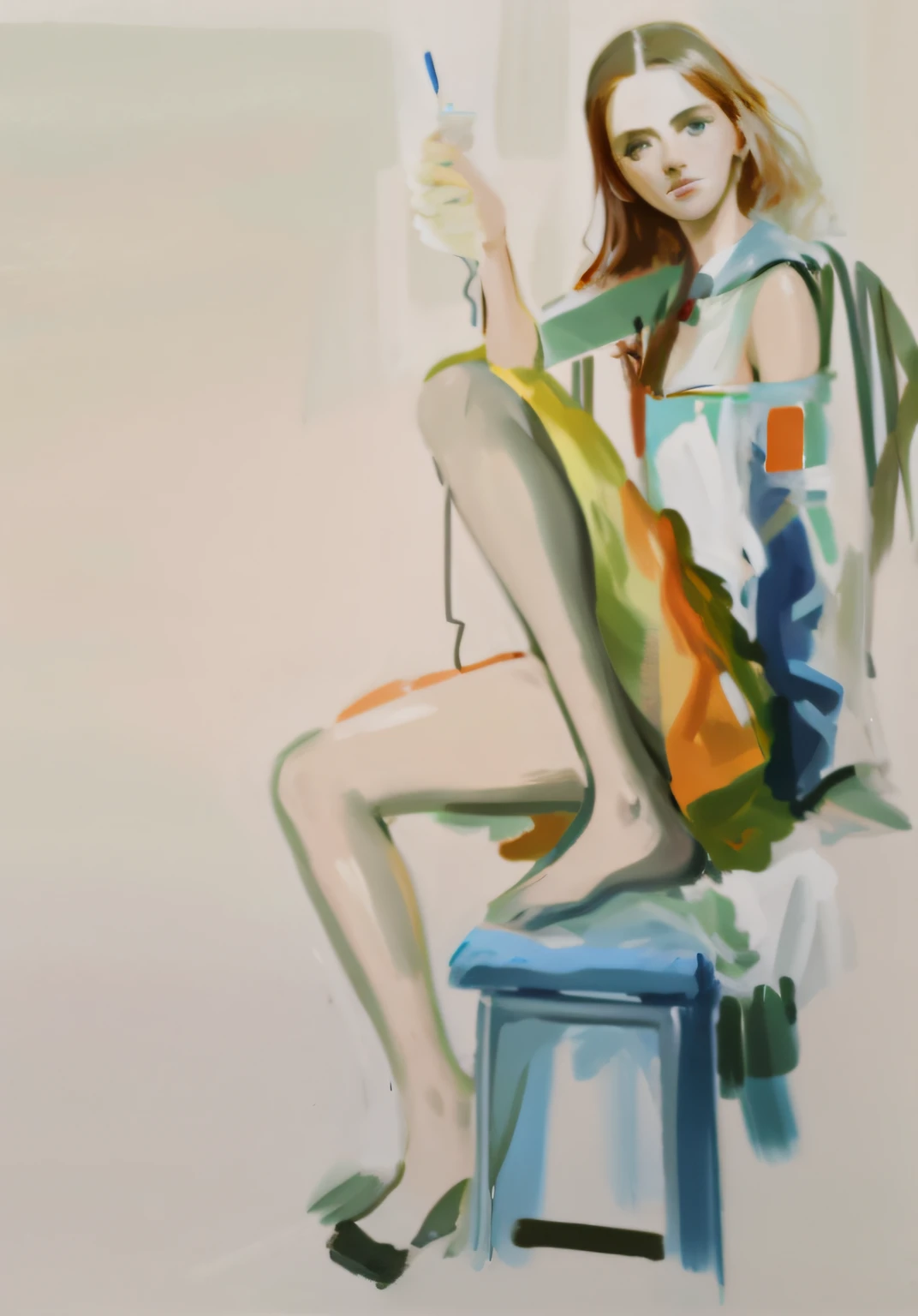 painting of a woman sitting on a stool with her legs crossed, inspired by Chantal Joffe, model painting, inspired by Moses Soyer, figurative painting, gouache on canvas, gouache on paper, inspired by Berthe Morisot, inspired by Apelles, painted in acrylic, painting of a woman, figurative art, inspired by Elaine de Kooning