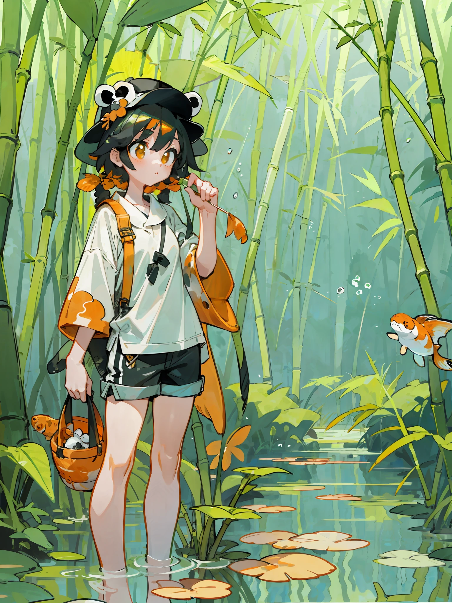 full body, masterpiece, best quality, (1 girl, panda animal ears, hat, summer outfit, shorts, fish), portrait, anime, orange goldfish, bamboo forest, pond, cloud and sunny sky, (Highest Quality, Amazing Details:1.4), cute, crisp details, clean background, natural light, best quality, ultra detail, 8k, standing on a base with objects, simple background, ((color palette: black, white, orange, green))