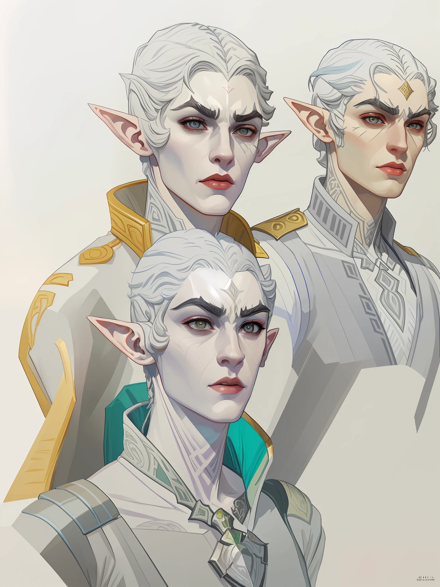 A digital painting portrait of a male elven warrior, proud demeanor, arrogant facial expression, (((gray eyebrows))), ((thin lips)), strong handsome male features, graphic novel character, concept character art, body tattoos