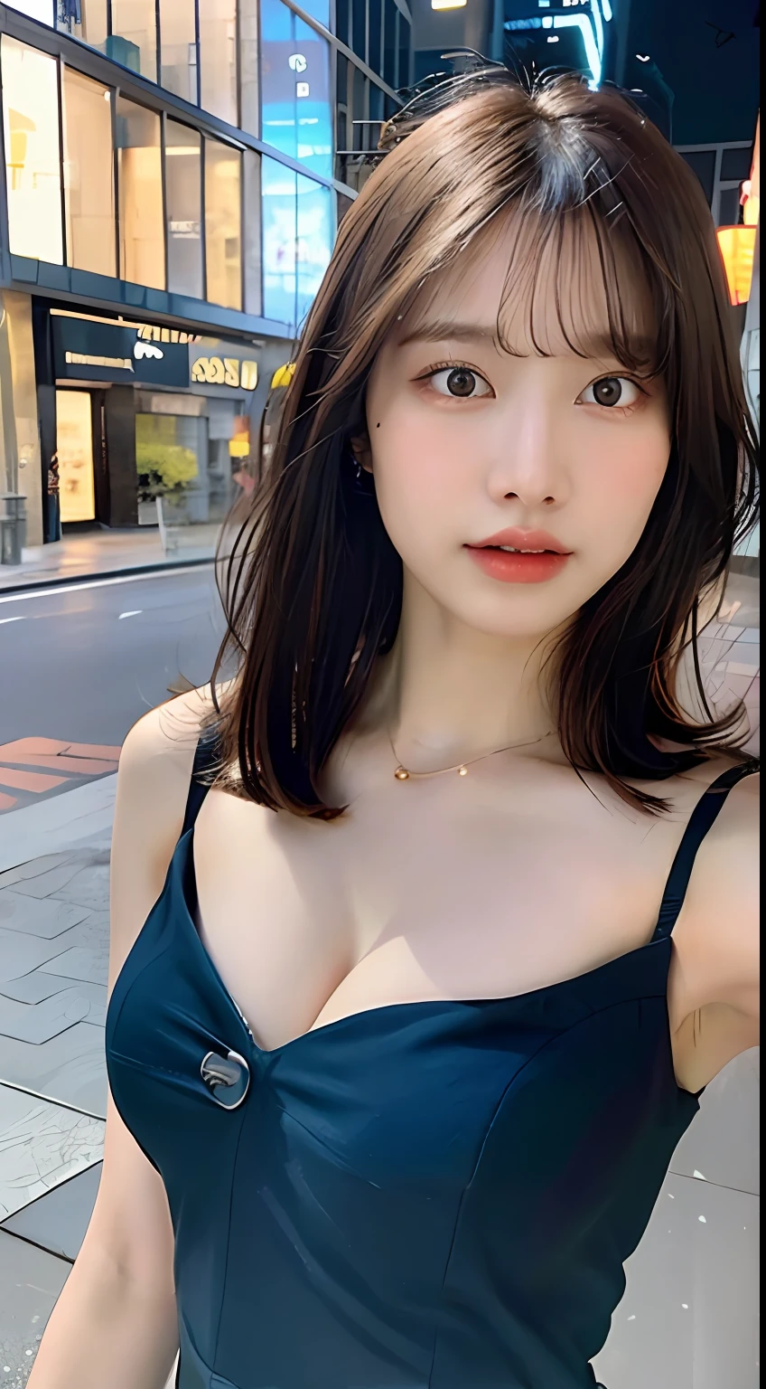 ((Realistic lighting, Best quality, 8K, Masterpiece: 1.3)), Clear focus: 1.2, 1girl, Perfect body beauty: 1.4, Slim abs: 1.1, ((dark brown hair, Big breasts: 1.3)), (Aqua dress: 1.4), (Outdoor, night: 1.1), City streets, Super fine face, fine eyes, double eyelids, exposed cleavage