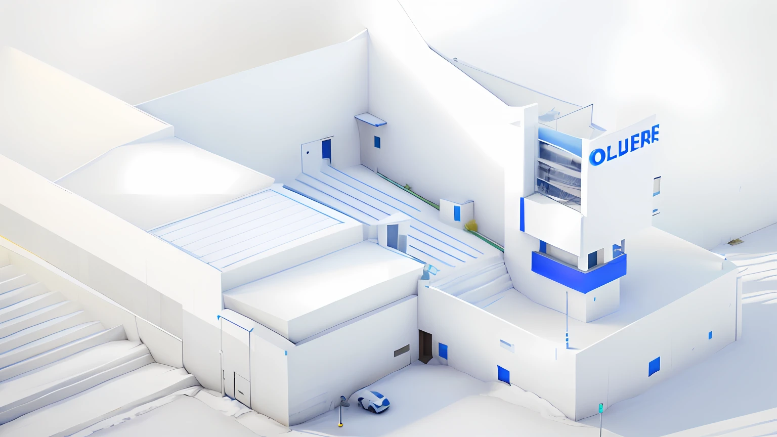 there is a blue and white sign on a building with stairs, a 3D render, depicted as a 3 d render, ambient occlusion render, all white render, an ambient occlusion render, cinema 4d render, cinema4d render, cinema 4 d render, ambient occlusion:3, architecture render, clean 3 d render