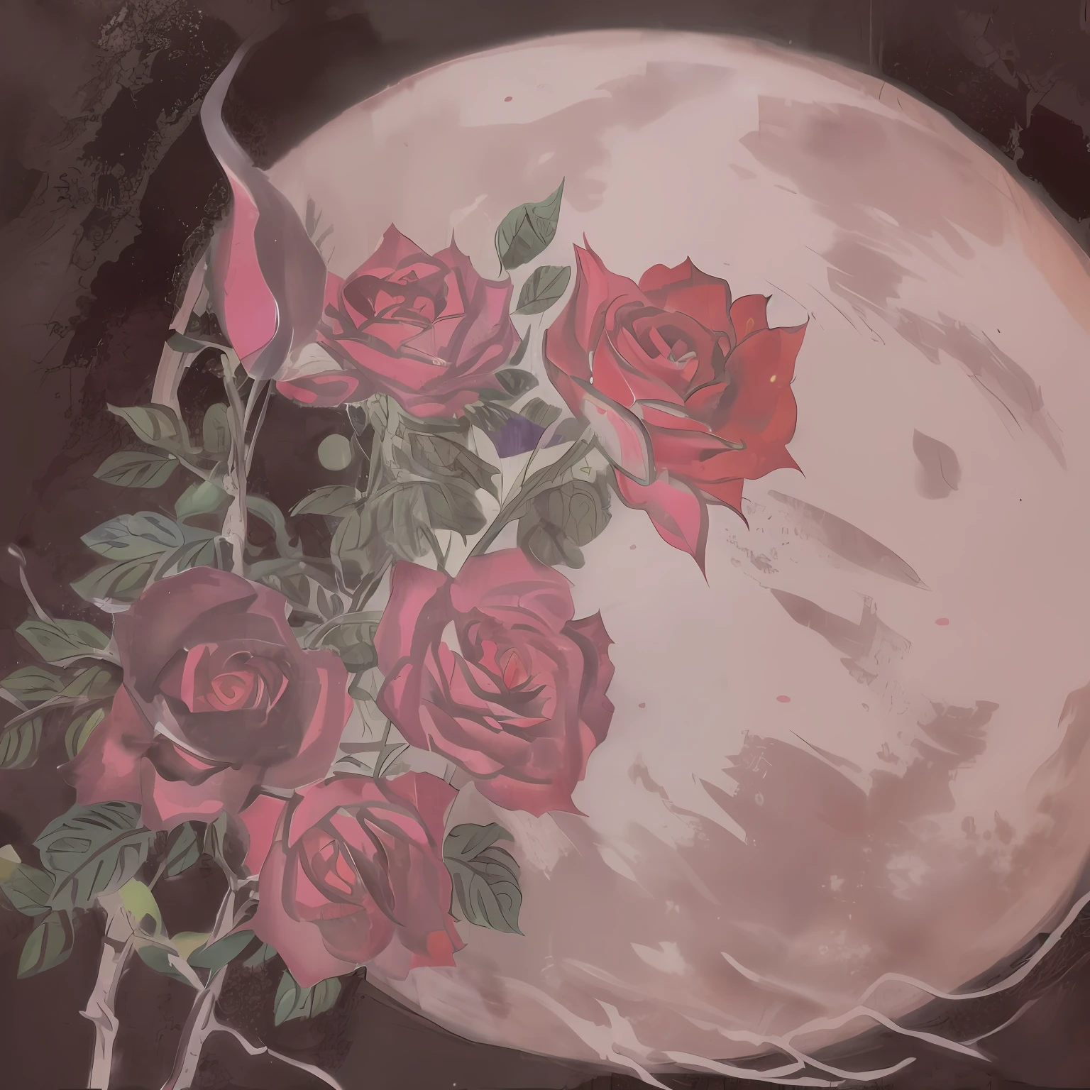 Full moon, rose, line drawing