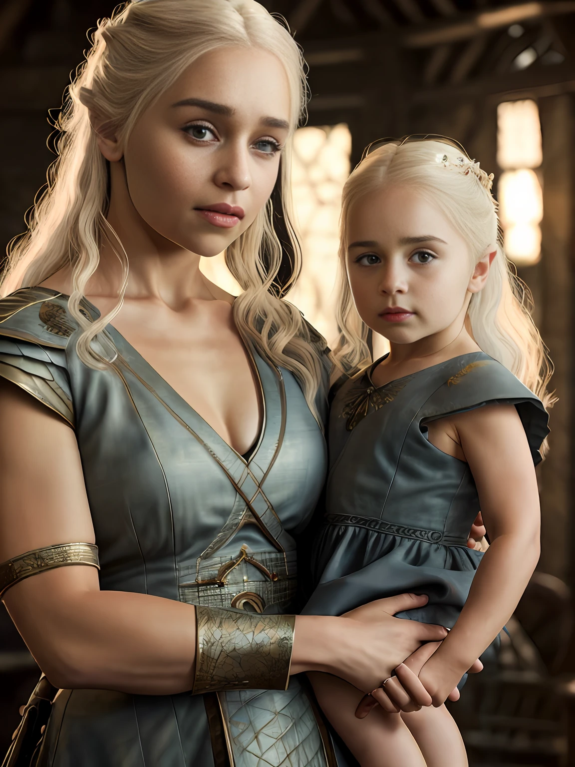 raw fullbody ((family photo of a father and mother with their daughter)), ((mother carrying daughter)), [1girl, daenerys targaryen, Emilia Clarke], (1man, Henry Cavill as Geralt de Rivia The Witcher), with their ((1girl, 5 year old daughter)))), medieval clothing,((half body shot)), realistic proportions, realistic pupils, ((3 member family portrait)) limited palette, highres, cinematic lighting, 8k resolution, front lit, sunrise, RAW photo, Nikon 85mm, Award Winning, Glamour Photograph, extremely detailed, beautiful Ukrainian, mind-bending, Noth-Yidik, raw fullbody photo of Daenerys Targaryen and Geralt de Rivia The Witcher with 5 year old daughter, highly detailed, artstation, smooth, sharp focus, 8K,, trending on instagram, trending on tumblr, hdr 4k, 8k