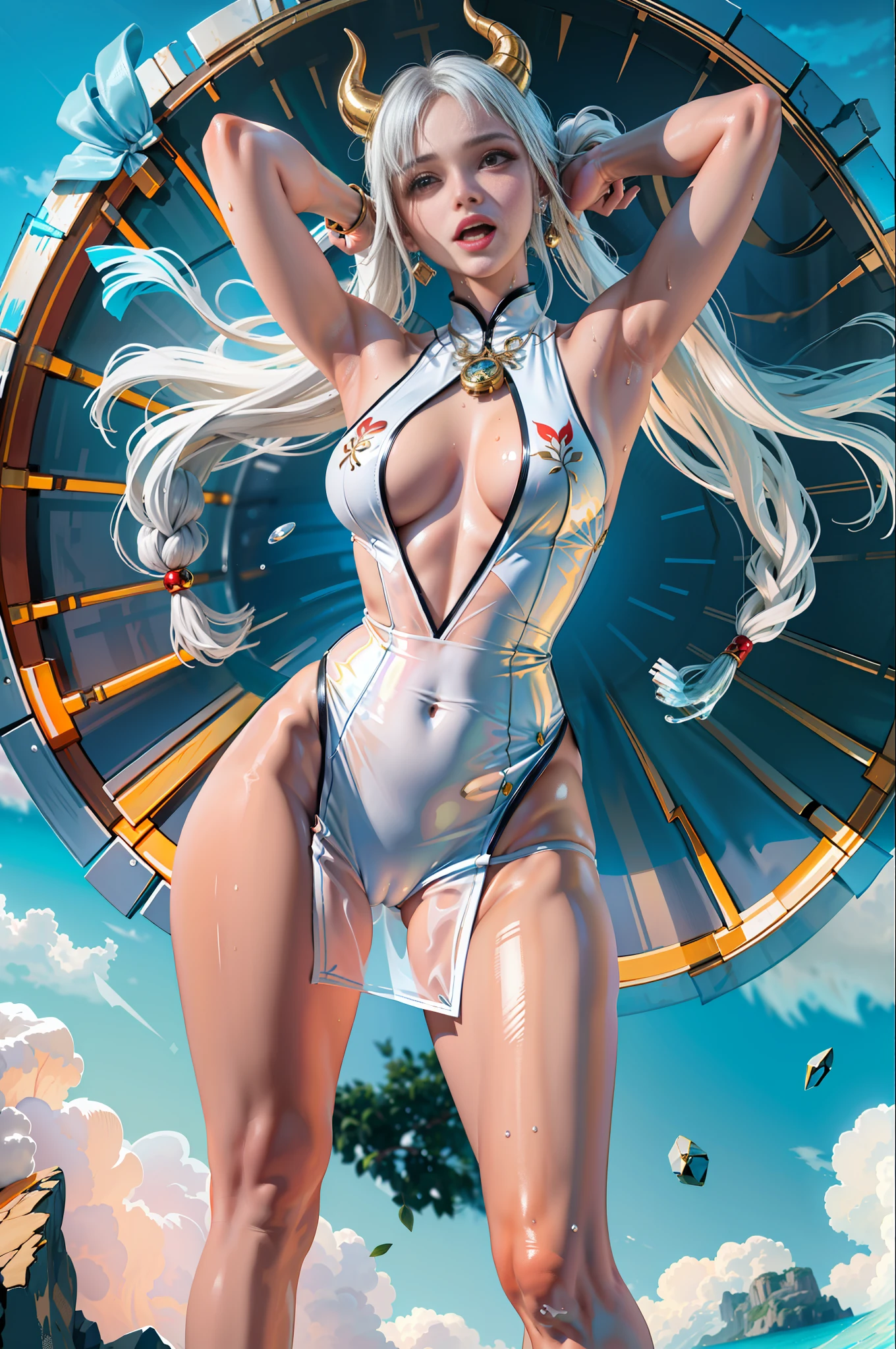 Open mouth to smile, show teeth, pointed teeth, teeth together. (NSFW: 1.98) Arad woman in bikini poses a sword on the beach, extremely detailed Artgerm, on the beach, Ross Tran. Landscape background, perfect white hair girl, seductive anime girl, like Artgerm, on the beach, beautiful seductive anime woman, Rostelland !!!, Rostland style, artistic germ. Anime illustration on a sunny beach, (oily skin)) with horns on the head and two red and yellow horns on the head. End of curl. White transparent cheongsam. (Wearing white transparent fabric cheongsam, cheongsam chest opening, highest fabric material, fabric performance 8K, physics engine calculation demonstration):: 1.8. (High-quality, detailed CG art), (beautiful light and shadow, floating effect) (1 person) (shiny hair, blue hair: 1.2 + gray hair: 1.6), when the skin between the chest and lower abdomen is wet, dripping water droplets and sweat slip together, sexy and gorgeous, still photos convey a dynamic effect. (extremely detailed, well-made, highest image quality, strong specular reflection of the bikini, clear latex texture) The woman is beautiful, extremely sexy, beautiful and moving, seductive, and the transparent texture of the leggings is just right, making people shine. ((NSFW, low saturation)) ((oily skin)), ((water droplets on the skin)), 1.6. The body is moist and shiny, the body is wet and shiny, the body is wet and shiny, the breasts are bigger, the ass is bigger. ((Masterpiece)), the best quality, super fine, highly realistic, wet all over, bathed in rain, every bead of sweat is clearly visible. (Masterpiece: 1.6), (Best Quality: 1.5), Ultra High Resolution, 1 Girl, Very Detailed, 8K, Beautiful, Detailed Eyes, Looking at the Viewer, Intense Dark Colors, (Depth of Field), (Dynamic), (Epic), Sharp Focus, (Intricate Details: 1.86), Full Color, Nano \ (One Piece), Bangs, Bare Shoulders, Belt, Gold Striped Clear Heart Sticker, Blue Sky, Bracelet, Breasts, (Orange Eyes: 1.72), Bubbles, Clouds, Sky, Earri