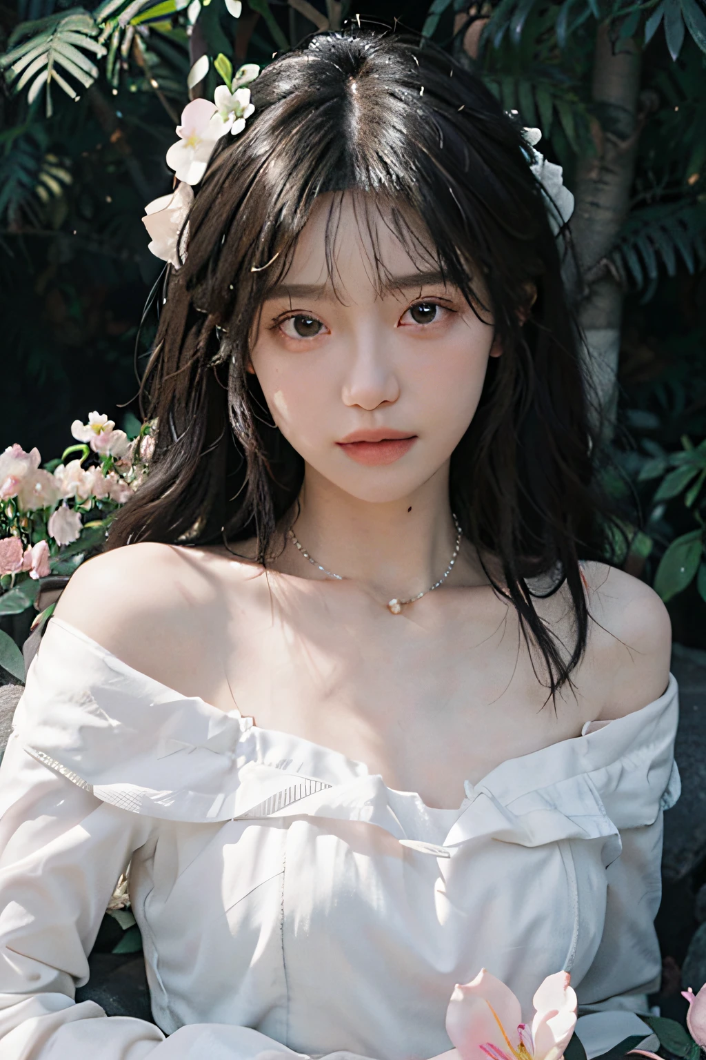 A beautiful girl, hair over the shoulder, clear eyes, smooth hair, exquisite and perfect facial features, the most beautiful big eyes, long eyelashes, sweet eyes with lying silkworms, pout, dynamic angle, ultimate picture quality, the highest precision, accurate and perfect human body, necklace, bust, close-up, outdoors, background is flowers and plants, (far shot, far shot)
