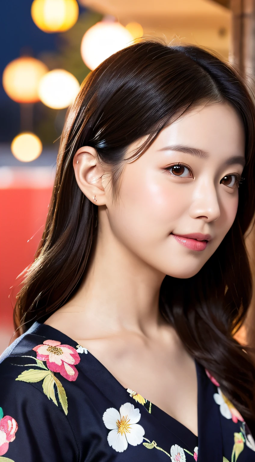 best quality ,masterpiece, illustration, an extremely delicate and beautiful, extremely detailed ,CG ,unity ,8k wallpaper, Amazi,A girl, looking sideways at the camera, has a very detailed face, delicate skin, quiet and composed, black hair, black eyes, on ornate hairpin her hair. She is wearing a yukata with a floral pattern , with summer festival in the background,smile, arranged her hair, fire-works background.