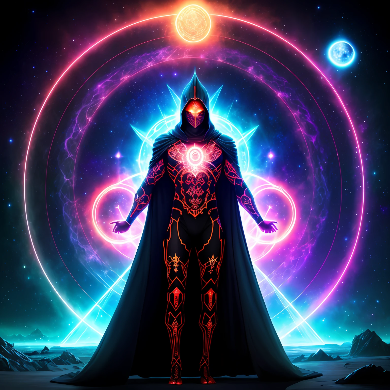 Full body Illustration of (a ((multiple-arm)) demiurge god, he has glowing red tattooed glyphs all over his naked muscular chest, glowing dark blue skin, he wears lich golden and black robes and cloak, mysterious face, evil, cosmic background, meditation pose, ((extra arms))) by Wlop and Artgerm, highres, octane rendered, centered, intricate, masterpiece, cosmic supernovas on the background