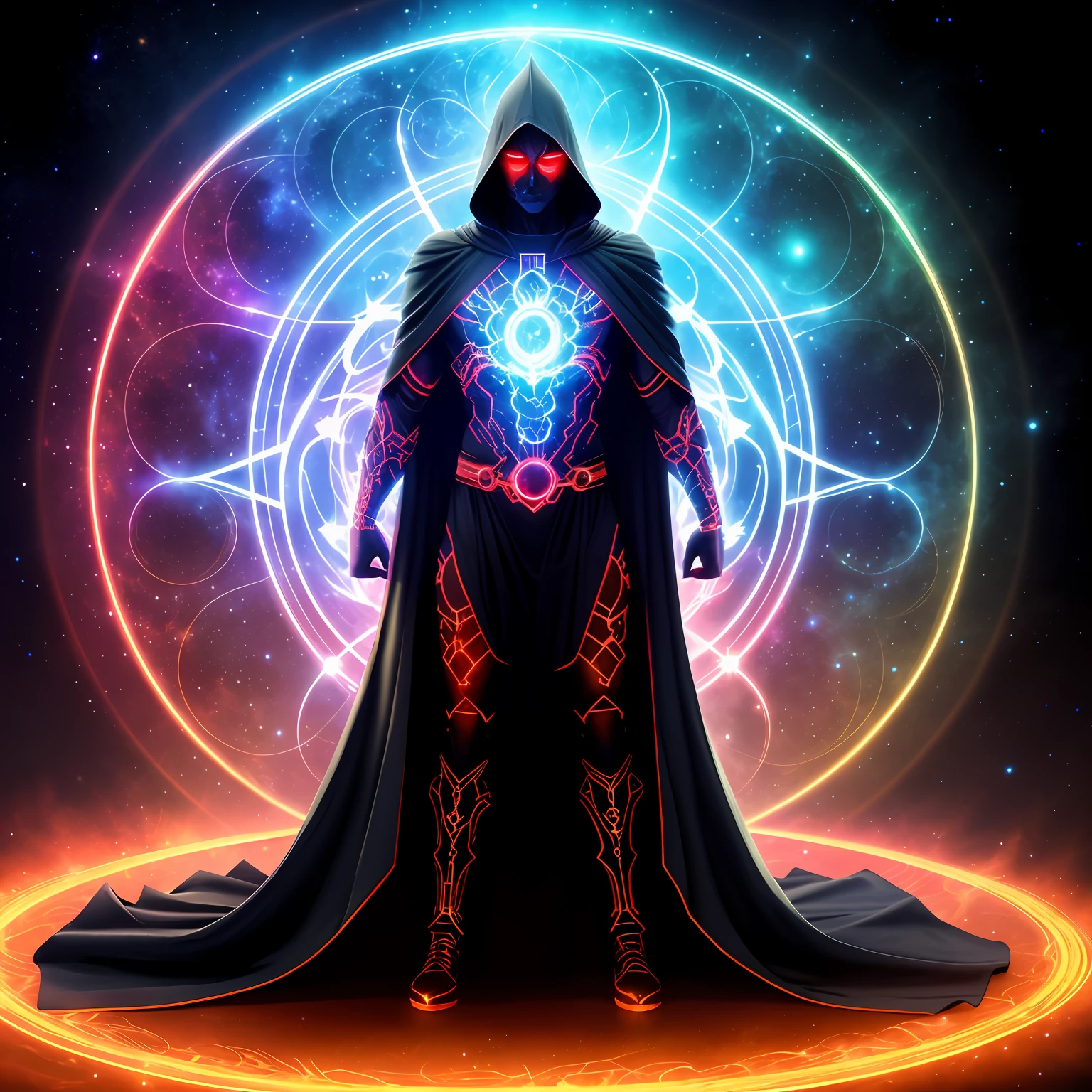 Full body Illustration of (a ((multiple-arm)) demiurge god, he has glowing red tattooed glyphs all over his naked muscular chest, glowing dark blue skin, he wears lich golden and black robes and cloak, mysterious face, evil, cosmic background, meditation pose, ((extra arms))) by Wlop and Artgerm, highres, octane rendered, centered, intricate, masterpiece, cosmic supernovas on the background