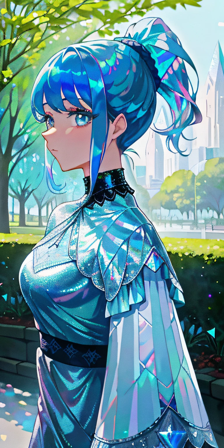 photo of lady in a blue(iridescent foil:1.25)lace dress, solo, beautiful detailed eyes, beautiful face, , (platinum blue high ponytail:1.37), ((puffy eyes)), looking at away, walking, (outdoors, park), smooth, detailed hairstyle