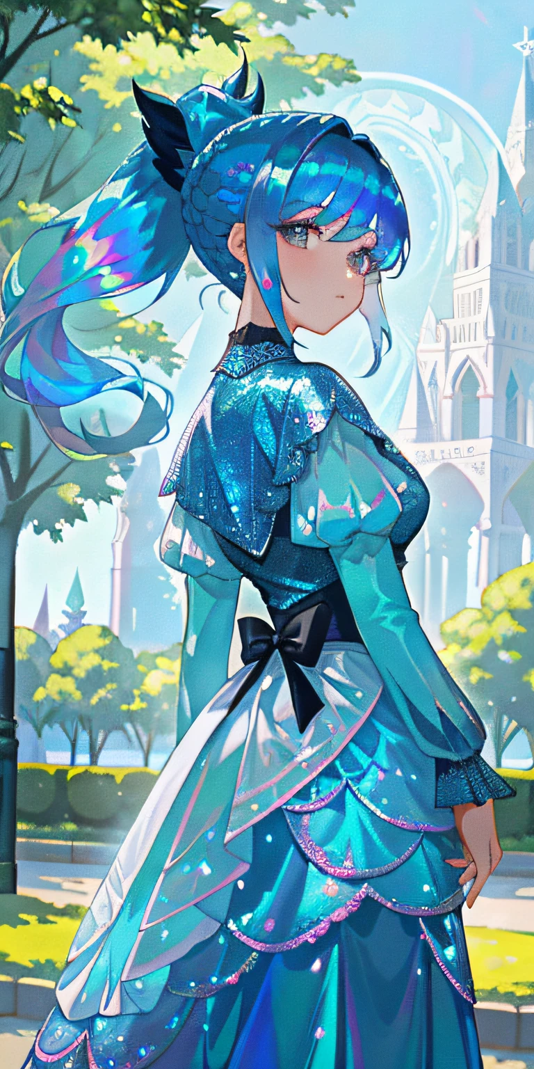 photo of lady in a blue(iridescent foil:1.25)lace dress, solo, beautiful detailed eyes, beautiful face, , (platinum blue high ponytail:1.37), ((puffy eyes)), looking at away, walking, (outdoors, park), smooth, detailed hairstyle