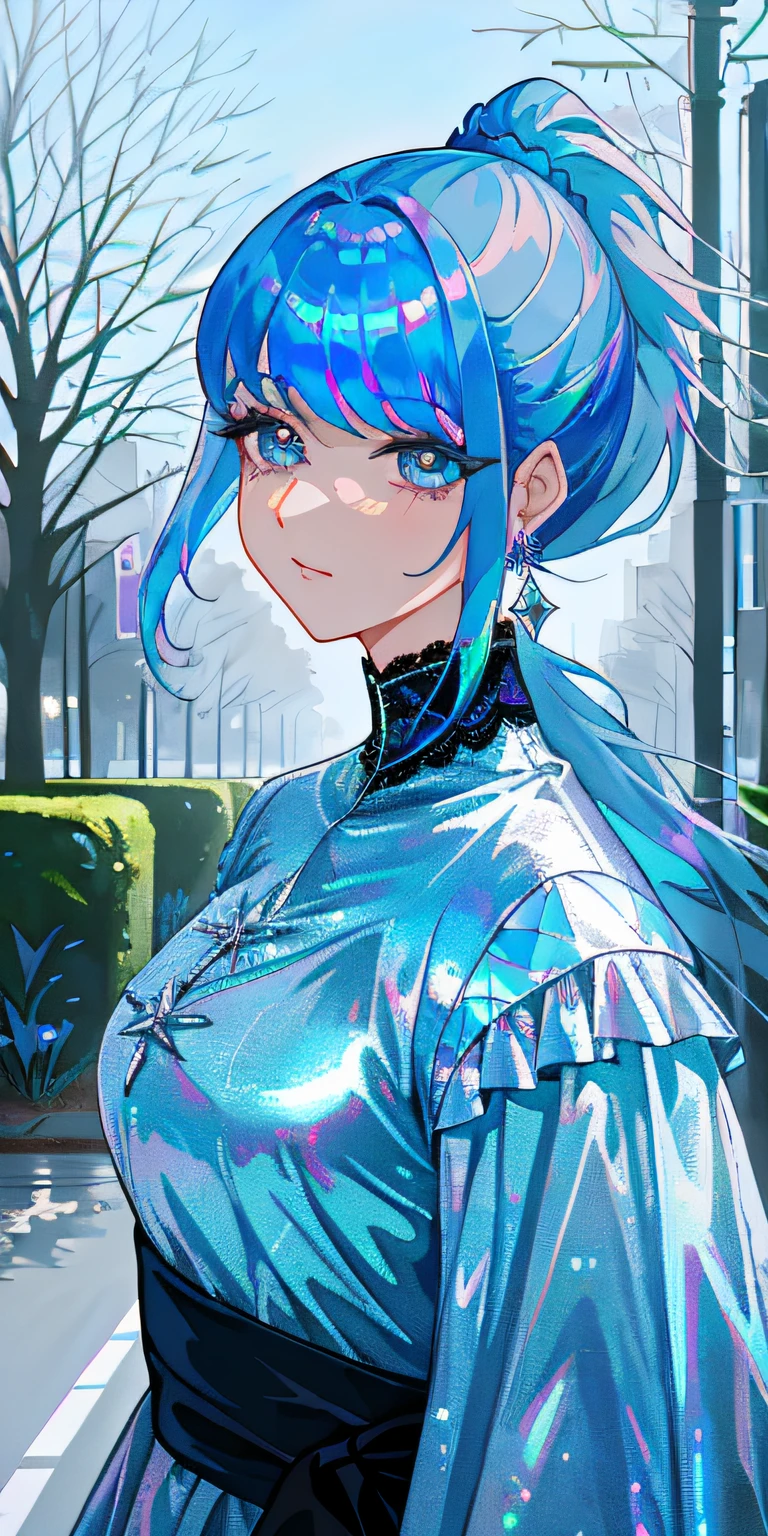 photo of lady in a blue(iridescent foil:1.25)lace dress, solo, beautiful detailed eyes, beautiful face, , (platinum blue high ponytail:1.37), ((puffy eyes)), looking at away, walking, (outdoors, park), smooth, detailed hairstyle