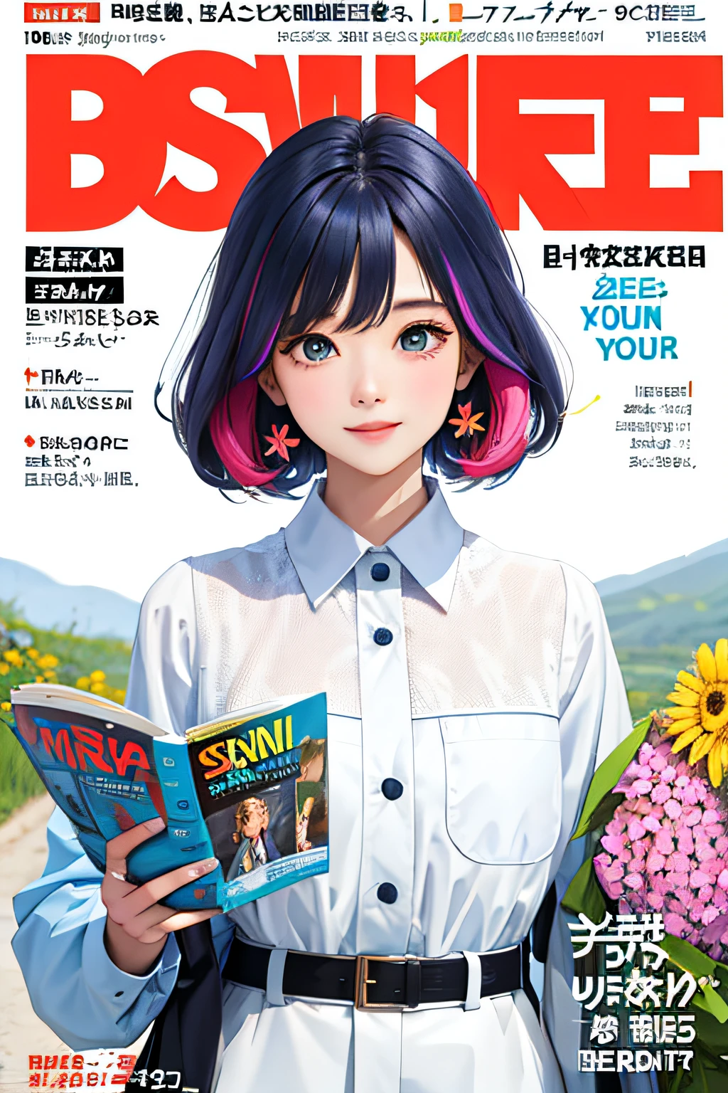 masterpiece, best quality, spring outfit, colorful hair, outdoor, magazine cover ,upper body,
