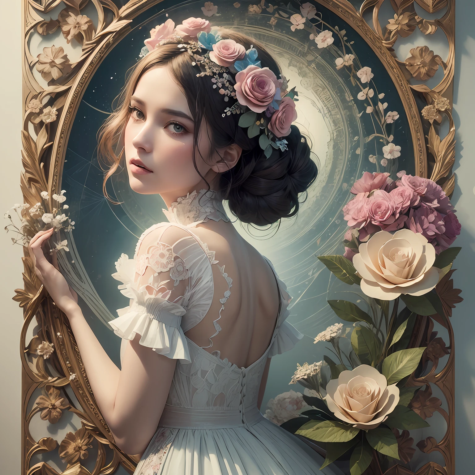 There is a paper cut of a woman in a dress and flowers, paper modeling art, 3D magical details, paper art, layered paper art, James Jean Soft Light 4K, Yuri Schvedorf and Tom Bagshaw, beautiful digital artwork, Sylvain Sarrell and Igor Mosky --auto --s2