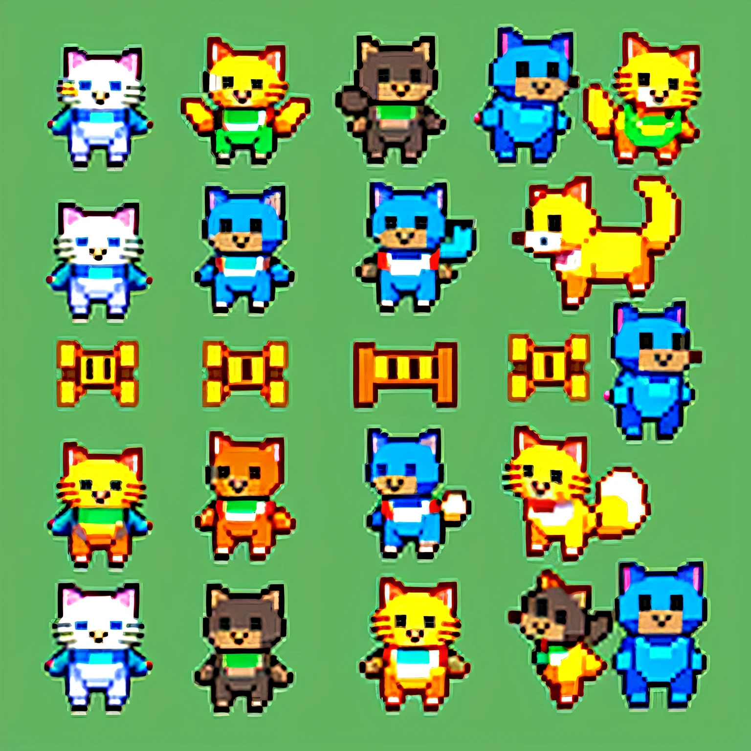 Pixel, Pixel Art, various collection of critters, puppy, kitten, cartoon, coloful, Nintendo, simple background, bright colors