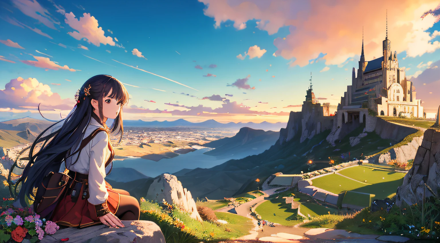 Top quality, Masterpiece, Very detailed, Detailed background, Anime, 1 girl, pretty girl, retro, lansdscape, outdoors, sunset, beautiful sky, mountains, sitting on rocks,megastructure, landscape, horizon, , wind, look away, atmospheric lighting, solo focus, close-up, side-by-side, depth of field, bokeh