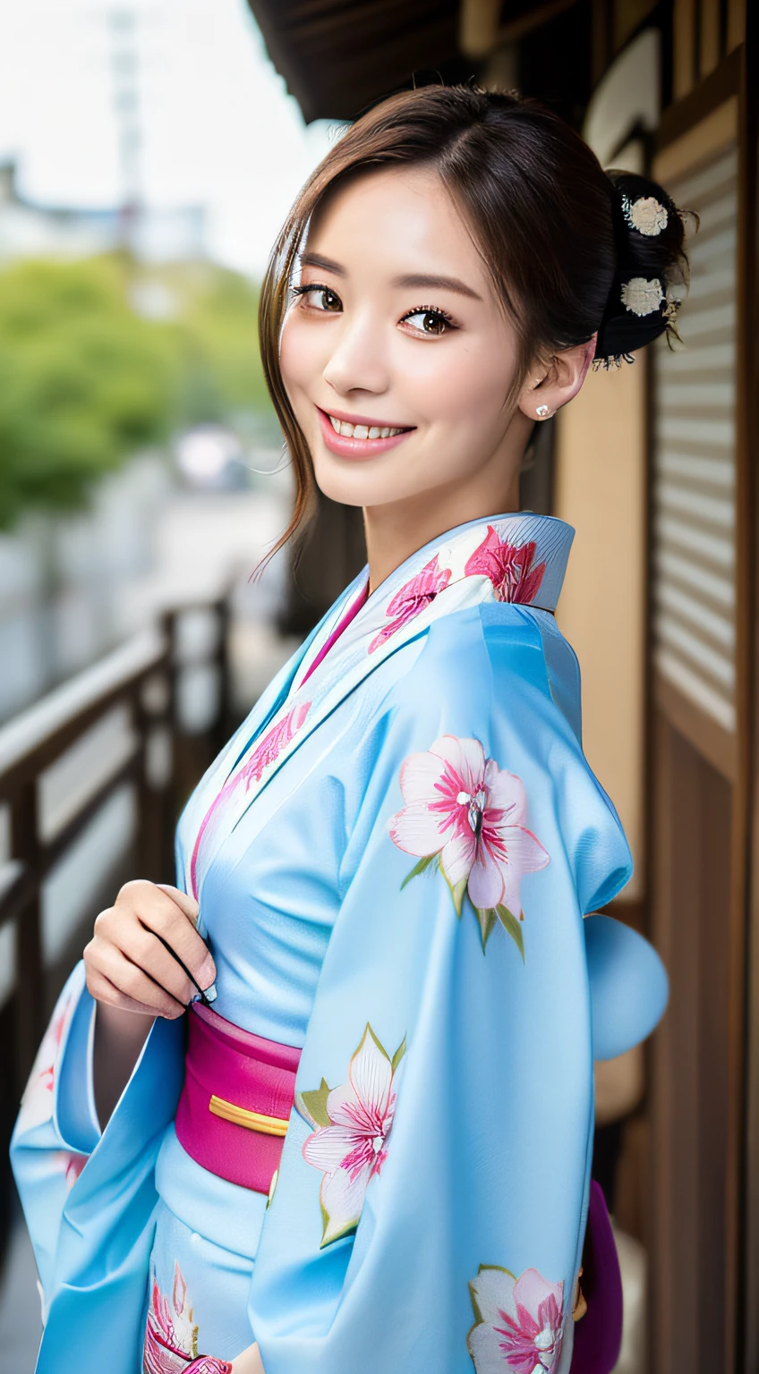 (((top quality, 8k, masterpiece))), crisp focus, (beautiful woman with perfect figure), slender, (hairstyle: up)), (((kimono: Kara)), Street: 1.2 Highly detailed face and skin texture Detailed eyes Double eyelids Random posture, (smile), Japan person