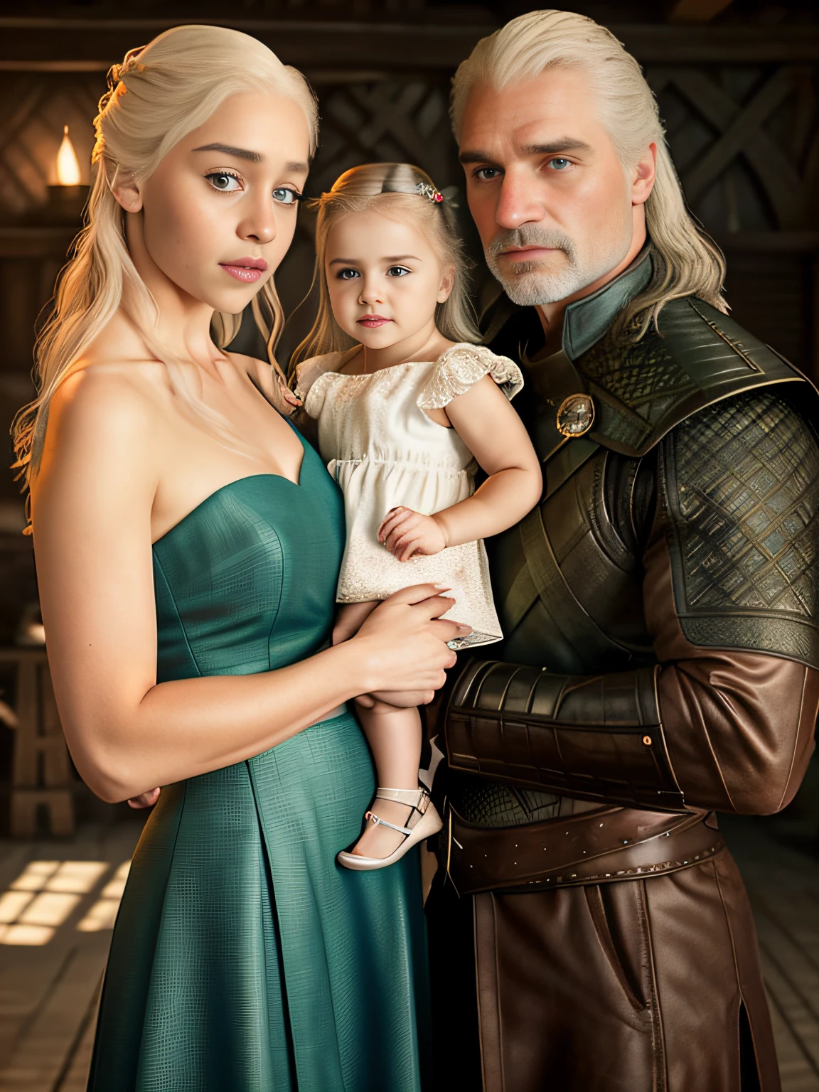 raw fullbody ((family photo of a father and mother with their daughter)), ((mother carrying daughter)), [1girl, daenerys targaryen, Emilia Clarke], (1man, Henry Cavill as Geralt de Rivia The Witcher), with their ((1girl, 5 year old daughter)))), medieval clothing,((half body shot)), realistic proportions, realistic pupils, ((3 member family portrait)) limited palette, highres, cinematic lighting, 8k resolution, front lit, sunrise, RAW photo, Nikon 85mm, Award Winning, Glamour Photograph, extremely detailed, beautiful Ukrainian, mind-bending, Noth-Yidik, raw fullbody photo of Daenerys Targaryen and Geralt de Rivia The Witcher with 5 year old daughter, highly detailed, artstation, smooth, sharp focus, 8K,, trending on instagram, trending on tumblr, hdr 4k, 8k