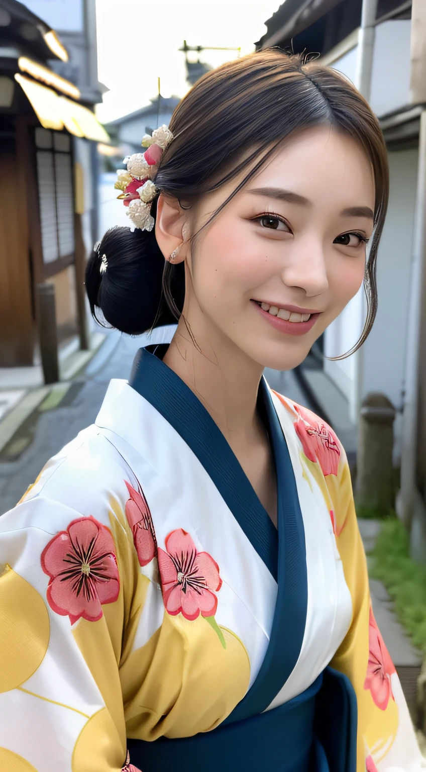 (((top quality, 8k, masterpiece))), crisp focus, (beautiful woman with perfect figure), slender, (hairstyle: up)), (((kimono: Kara)), Street: 1.2 Highly detailed face and skin texture Detailed eyes Double eyelids Random posture, (smile), Japan person