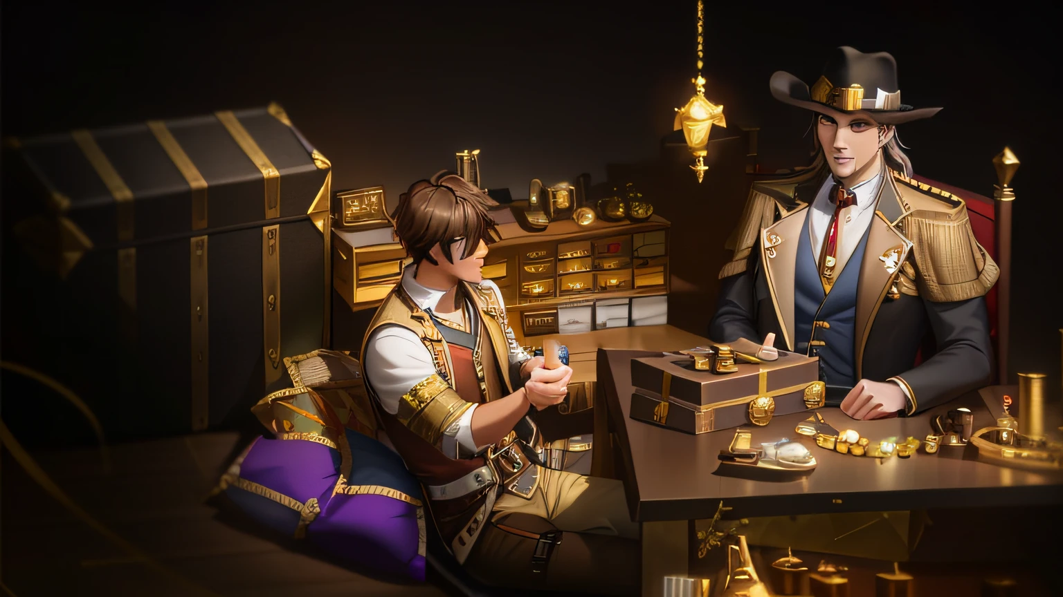 there is a man sitting at a table with a gun and a chest of gold, gold and treasure, treasure background, treasure chests, treasure artifact, treasure hoard, loot box, ingame image, luxury item showcase, treasures of gold, treasure chest, 8k hd wallpaperjpeg artifact, 8 k hd wallpaperjpeg artifact, (exotic artifacts)