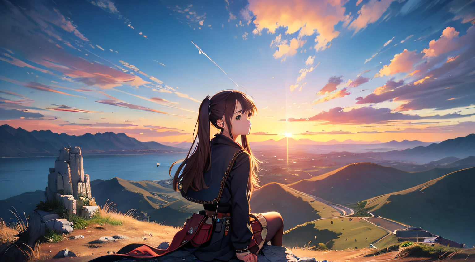 Top quality, Masterpiece, Very detailed, Detailed background, Anime, 1 girl, pretty girl, retro, lansdscape, outdoors, sunset, beautiful sky, mountains, sitting on rocks,megastructure, landscape, horizon, , wind, look away, atmospheric lighting, solo focus, close-up, side-by-side, depth of field, bokeh