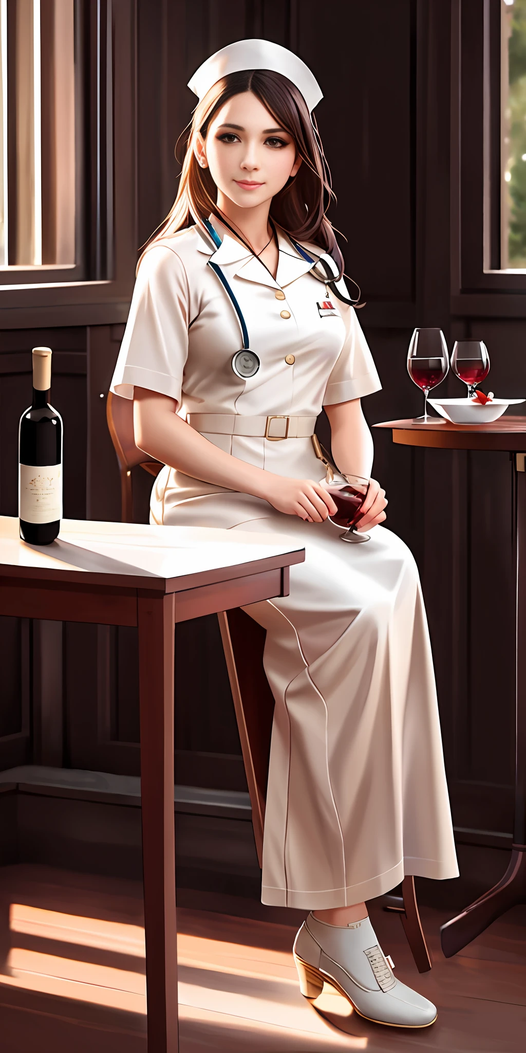 Full body shot of the most beautiful work of art in the world, WWII nurse sitting on a nearby table with a wine bottle, smiling, freckles, white clothes, nostalgic, sexy, stethoscope, heart Ed Blinkey, professional majestic oil painting by Atey Ghailan, Kat bliss studio by jeremy mann, greg manchess, antonio moro, trending on artstation, trending on cgsociety, intricate, high detail, sharp, dramatic, realistic art of painting, by midjourney and greg rutkowski