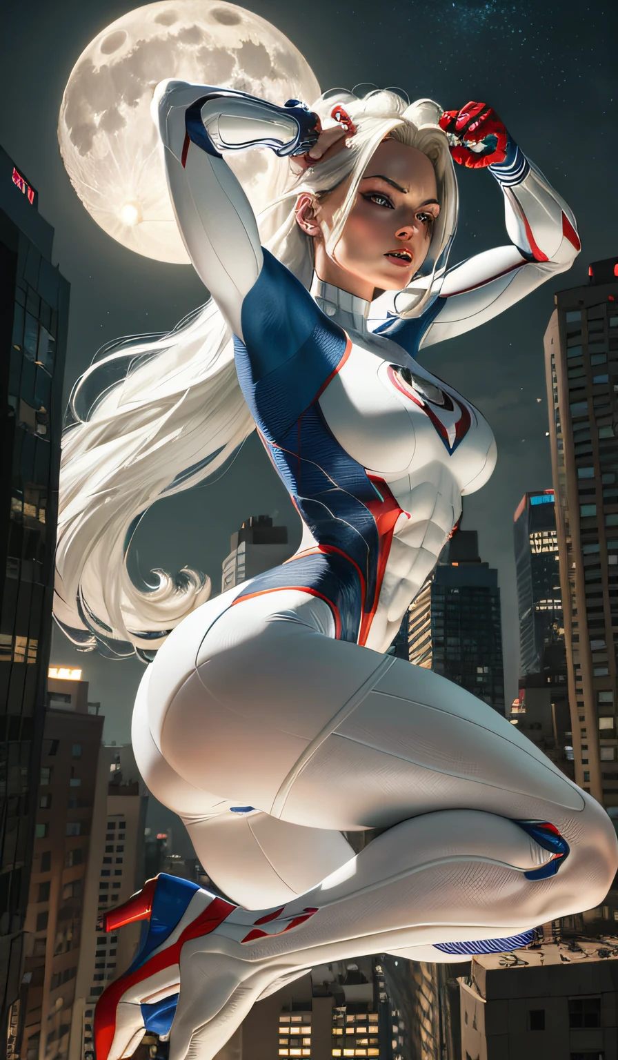 (Masterpiece, 4k resolution, ultra-realistic, very detailed), (White superhero theme, charismatic, there's a girl on top of town, wearing Spider-Man costume, she's a superhero), [ ((25 years), (long white hair:1.2), full body, (blue eyes:1.2), ((Spider-Man pose),show of strength, jumping from one building to another), ((sandy urban environment):0.8)| (cityscape, at night, dynamic lights), (full moon))] # Explanation: The Prompt mainly describes a 4K painting of ultra-high definition, very realistic, very detailed. It shows a superheroine at the top of the city, wearing a Spider-Man costume. The theme in the painting is a white superhero theme, the female protagonist has long white hair, is 25 years old and her entire body is shown in the painting. In terms of portraying the actions of superheroines, spiders are employed