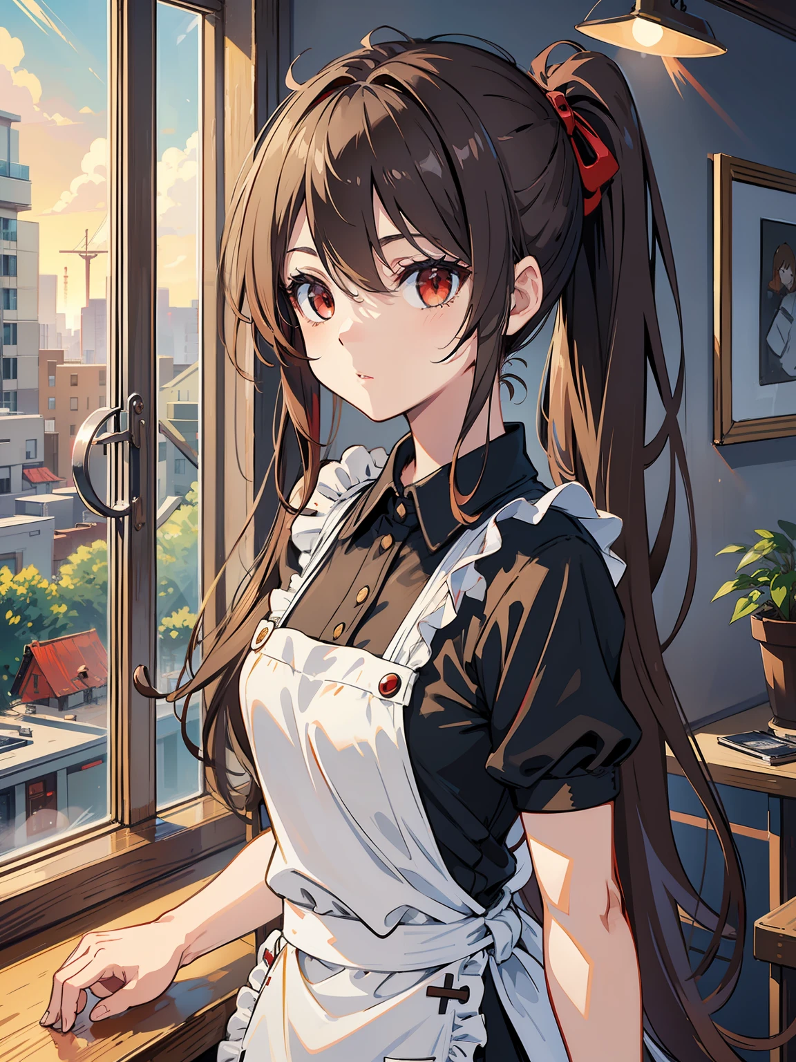 Exquisite masterpiece, best quality, illustration style, an anime girl with double ponytail, eccentric, long brown hair, coffee shop, petite figure, white short sleeves and black apron, small, heartwarming, youthful and beautiful, natural casual style, dynamic posture, golden ratio, large aperture portrait, strong contrast between light and shadow, cold tone, super texture, clear and concise picture, delicate face, smart eyes, black and red matching, red eyes, dusk sun, window