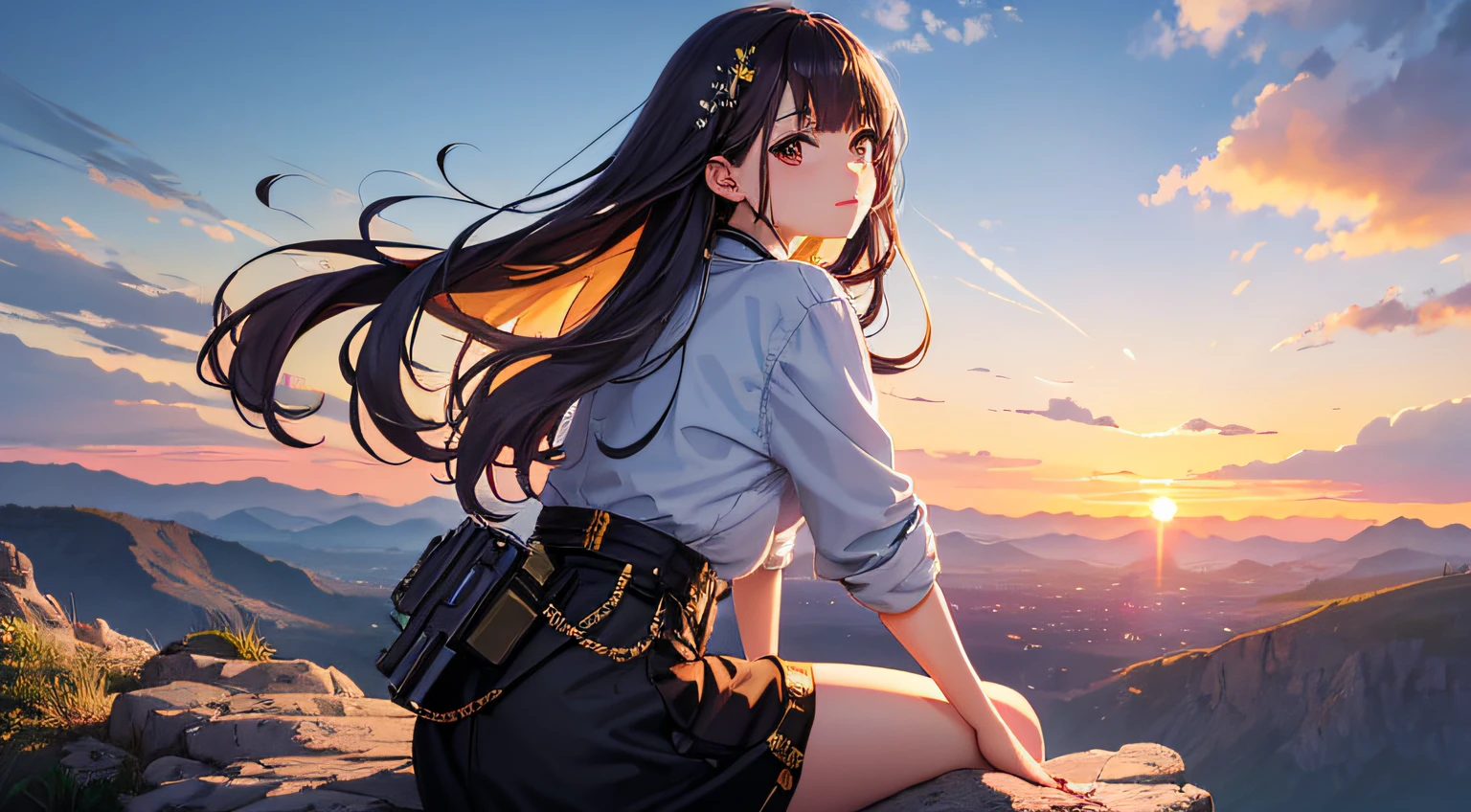 Top quality, Masterpiece, Very detailed, Detailed background, Anime, 1 girl, pretty girl, retro, lansdscape, outdoors, sunset, beautiful sky, mountains, sitting on rocks,megastructure, landscape, horizon, , wind, look away, atmospheric lighting, solo focus, close-up, side-by-side, depth of field, bokeh