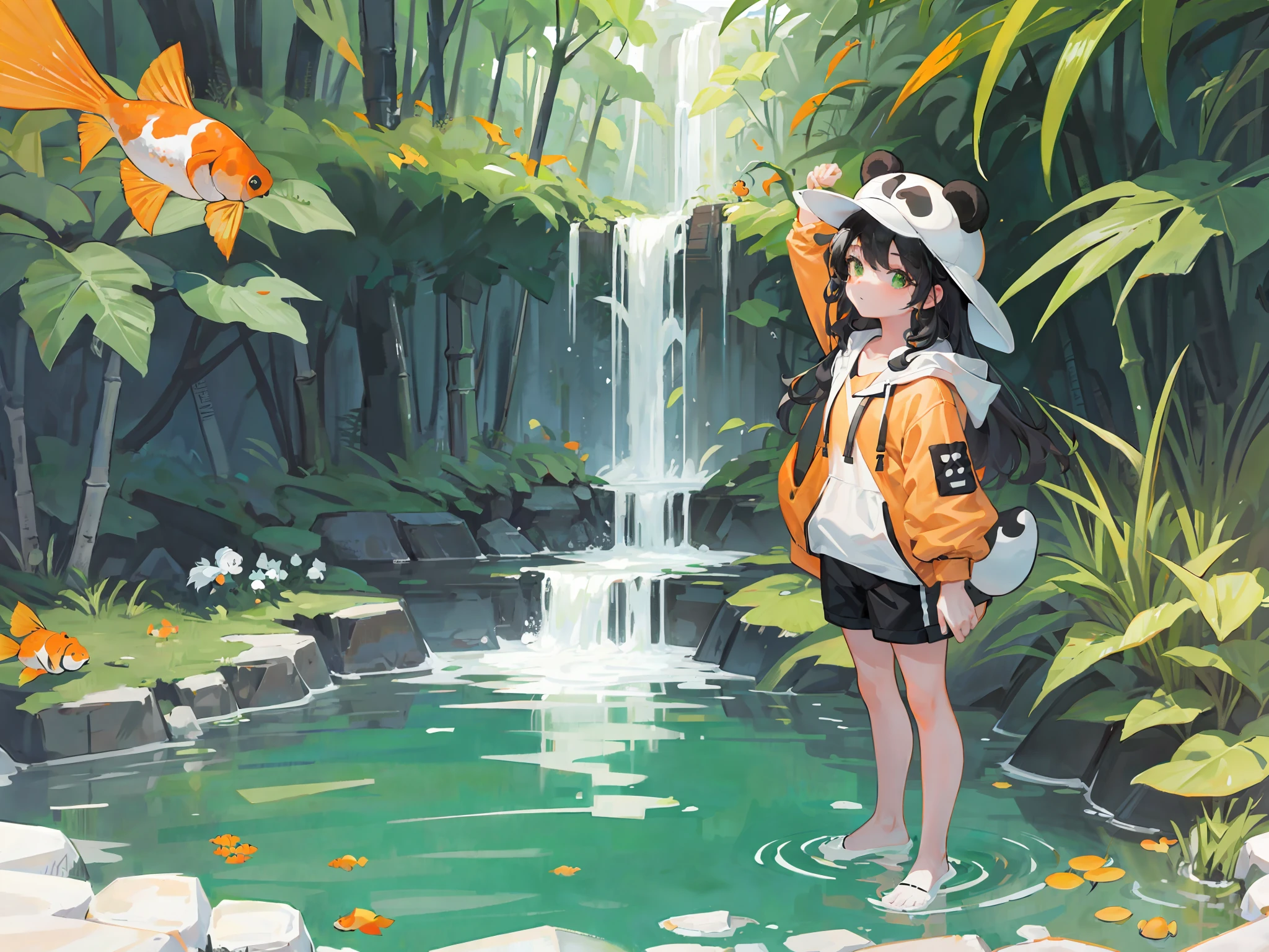 full body, masterpiece, best quality, (1 girl, panda animal ears, hat, summer outfit, shorts, fish), portrait, anime, orange goldfish, bamboo forest, pond, cloud and sunny sky, (Highest Quality, Amazing Details:1.4), cute, crisp details, clean background, natural light, best quality, ultra detail, 8k, standing on a base with objects, simple background, ((color palette: black, white, orange, green))