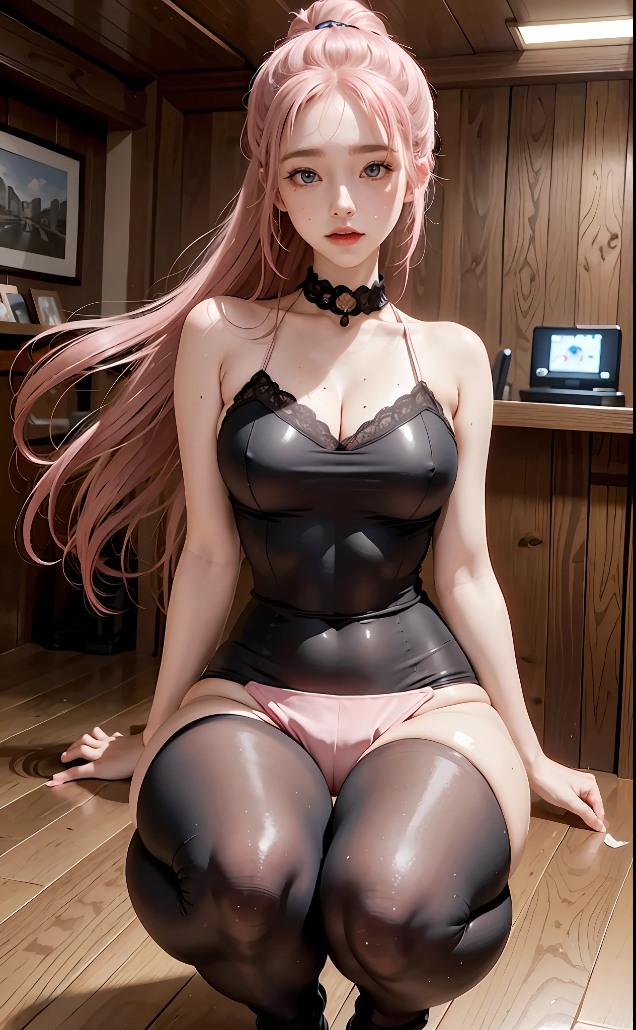 realistic, high resolution, best quality, masterpiece, upscale, 1girl, pink wavy hair on ponytail, pale skin, blue eyes, moles under the eyes, thick eyebrows, thick lips, long eyelashes, freckles, thick black necklace, miniature shorts, lively, small waist, wide thighs, thigh gap, one leg up, squatting on the floor, black thigh stockings, red high heels,