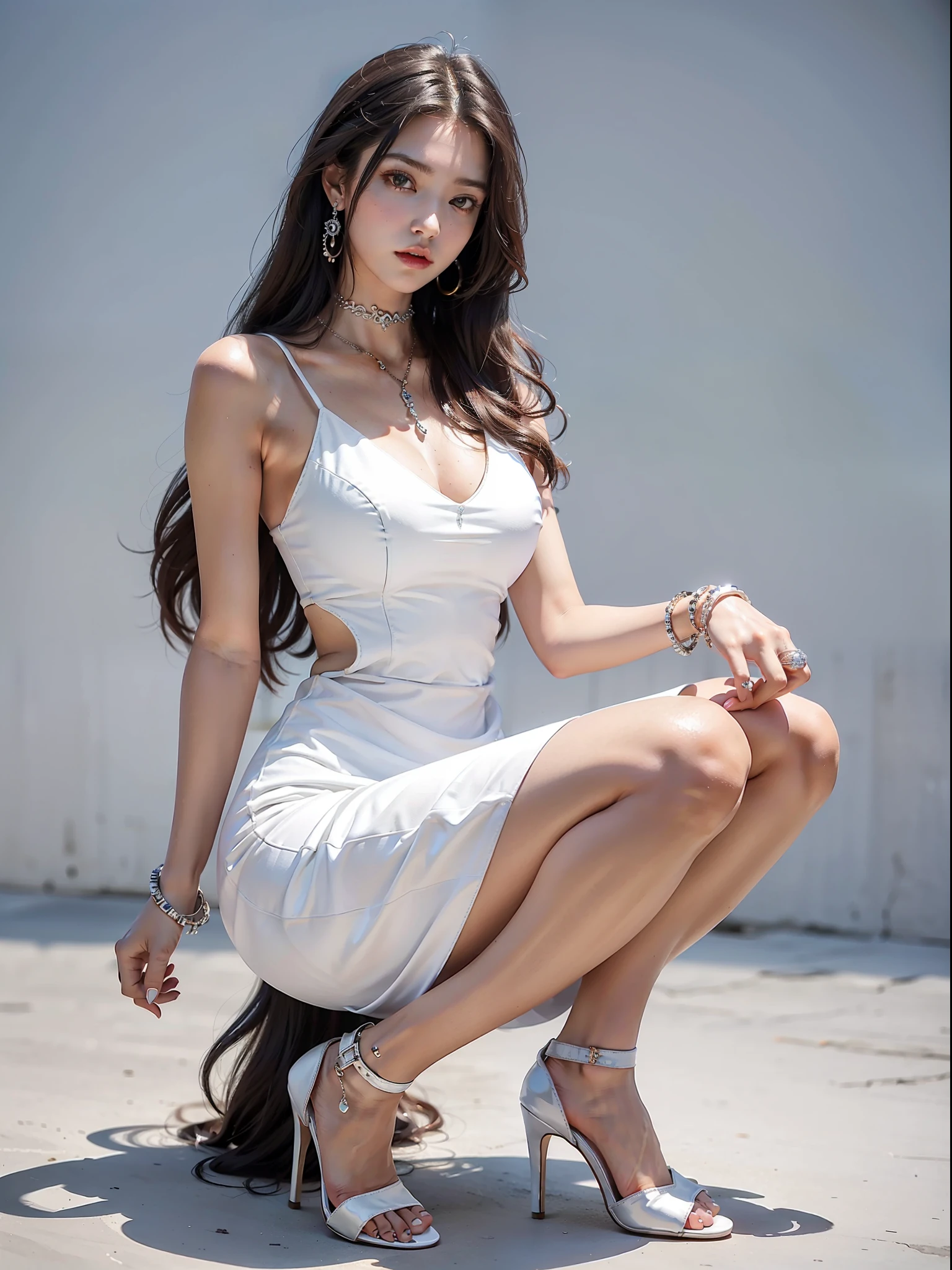 (Female: 1.2), (slim body), (5 thumbs), (large breasts: 1.2), (long hair mullet head), (white cool dress), (ring finger diamond ring), (mid-heeled shoes), (bracelet), masterpiece, realism