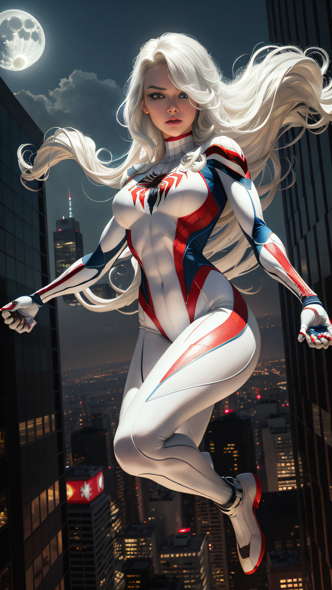 (Masterpiece, 4k resolution, ultra-realistic, very detailed), (White superhero theme, charismatic, there's a girl on top of town, wearing Spider-Man costume, she's a superhero), [ ((25 years), (long white hair:1.2), full body, (blue eyes:1.2), ((Spider-Man pose),show of strength, jumping from one building to another), ((sandy urban environment):0.8)| (cityscape, at night, dynamic lights), (full moon))] # Explanation: The Prompt mainly describes a 4K painting of ultra-high definition, very realistic, very detailed. It shows a superheroine at the top of the city, wearing a Spider-Man costume. The theme in the painting is a white superhero theme, the female protagonist has long white hair, is 25 years old and her entire body is shown in the painting. In terms of portraying the actions of superheroines, spiders are employed