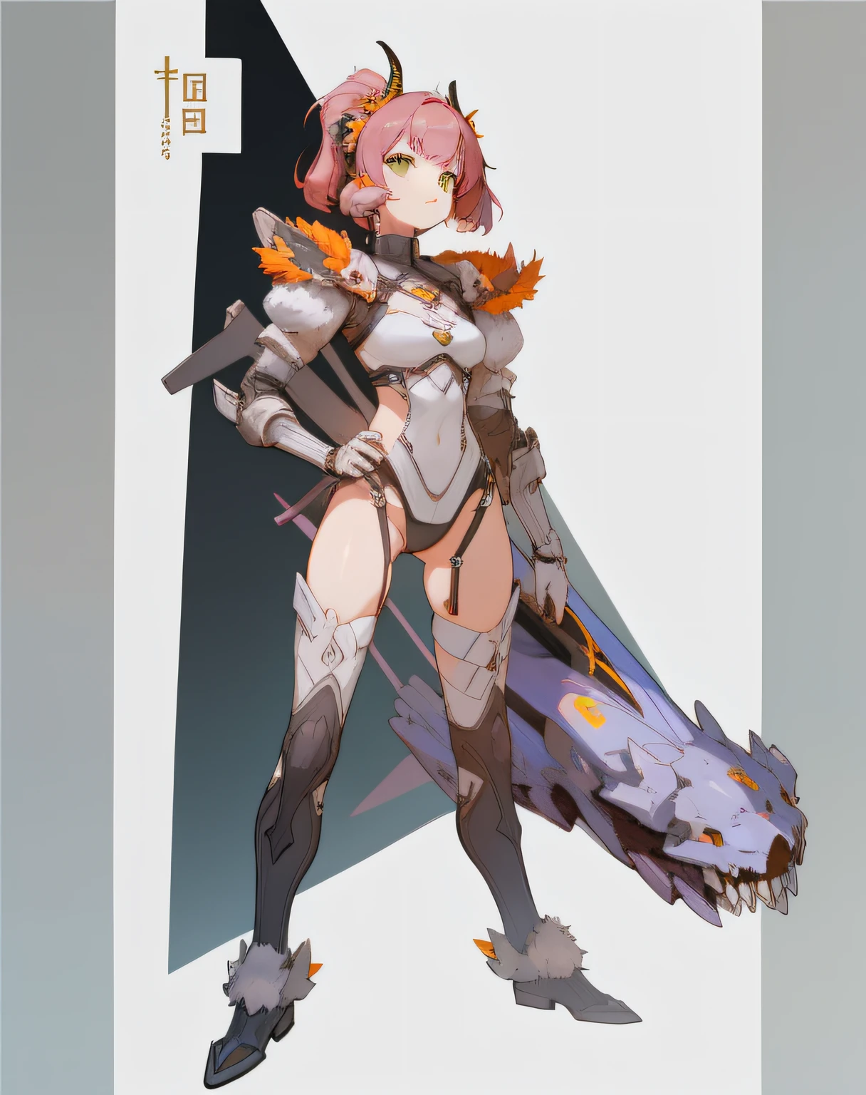 A red-haired girl, green eyes, pigtails, a wreath of horns on her head, a techno barbarian, a huge techno cannon in her hands, a huntress, bones on her body, insect plates, chitin, fur, small bones, light bones and red fur on her shoulders, dark leather stockings made of strips of cut leather on her legs, ropes and light bones on her body.