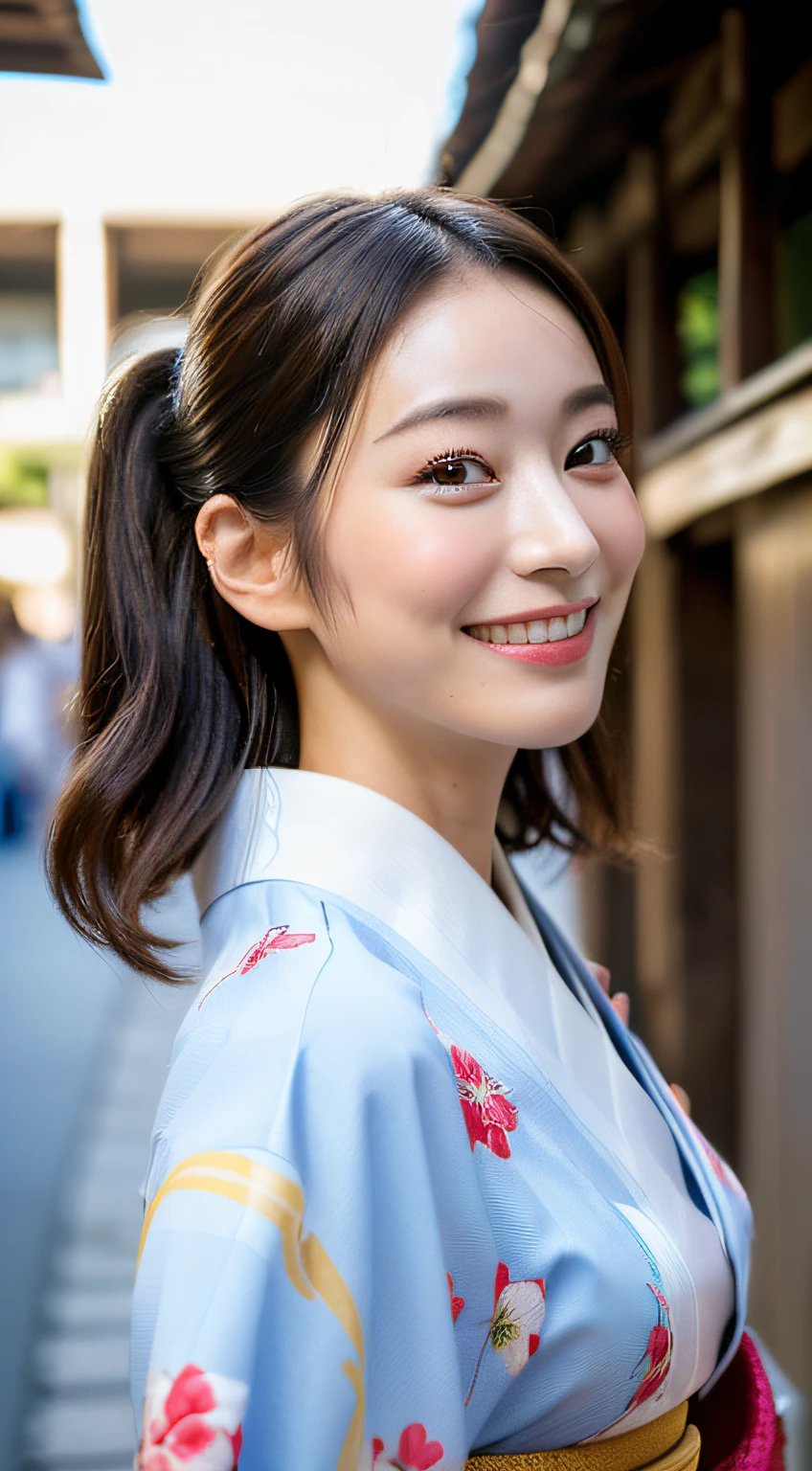 (((top quality, 8k, masterpiece))), crisp focus, (beautiful woman with perfect figure), slender, (hairstyle: up)), (((kimono: Kara)), Street: 1.2 Highly detailed face and skin texture Detailed eyes Double eyelids random posture, (smile), Japan person, realistic face,