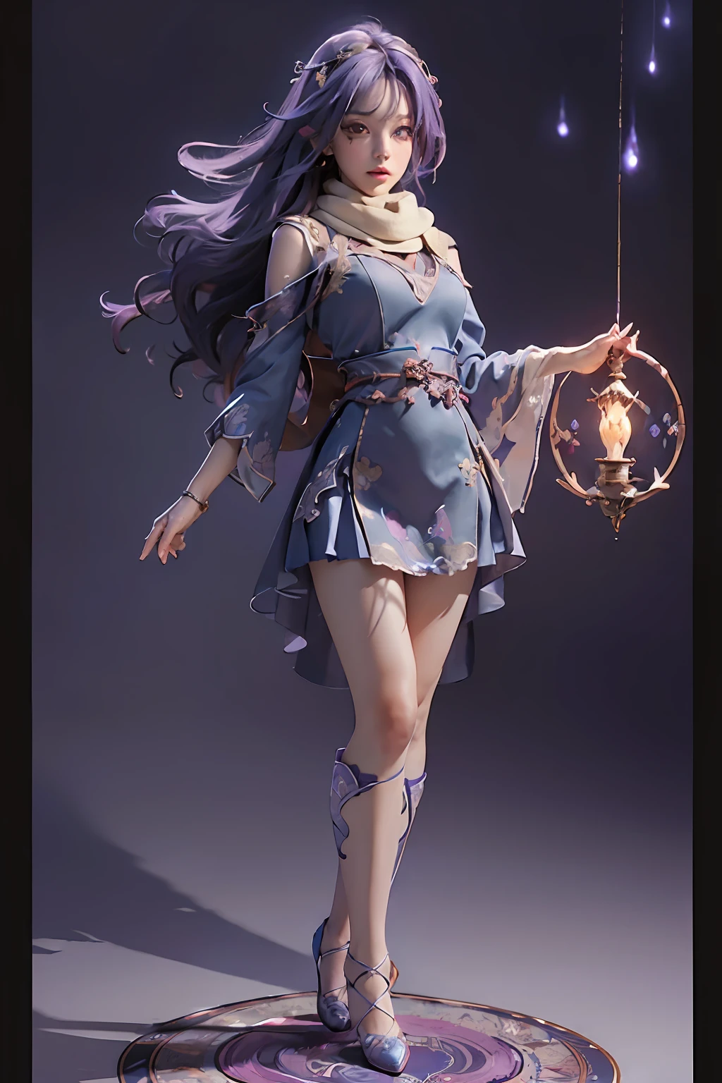 (((masterpiece))), (((best quality))), ((ultra-detailed)), (highly detailed CG illustration), cinematic light, intricate detail,
(full body:1.2), chibi,
1girl, purple eyes, medium breats ,scarf, wallpaper, magic circle background, light particles, blue fire,
